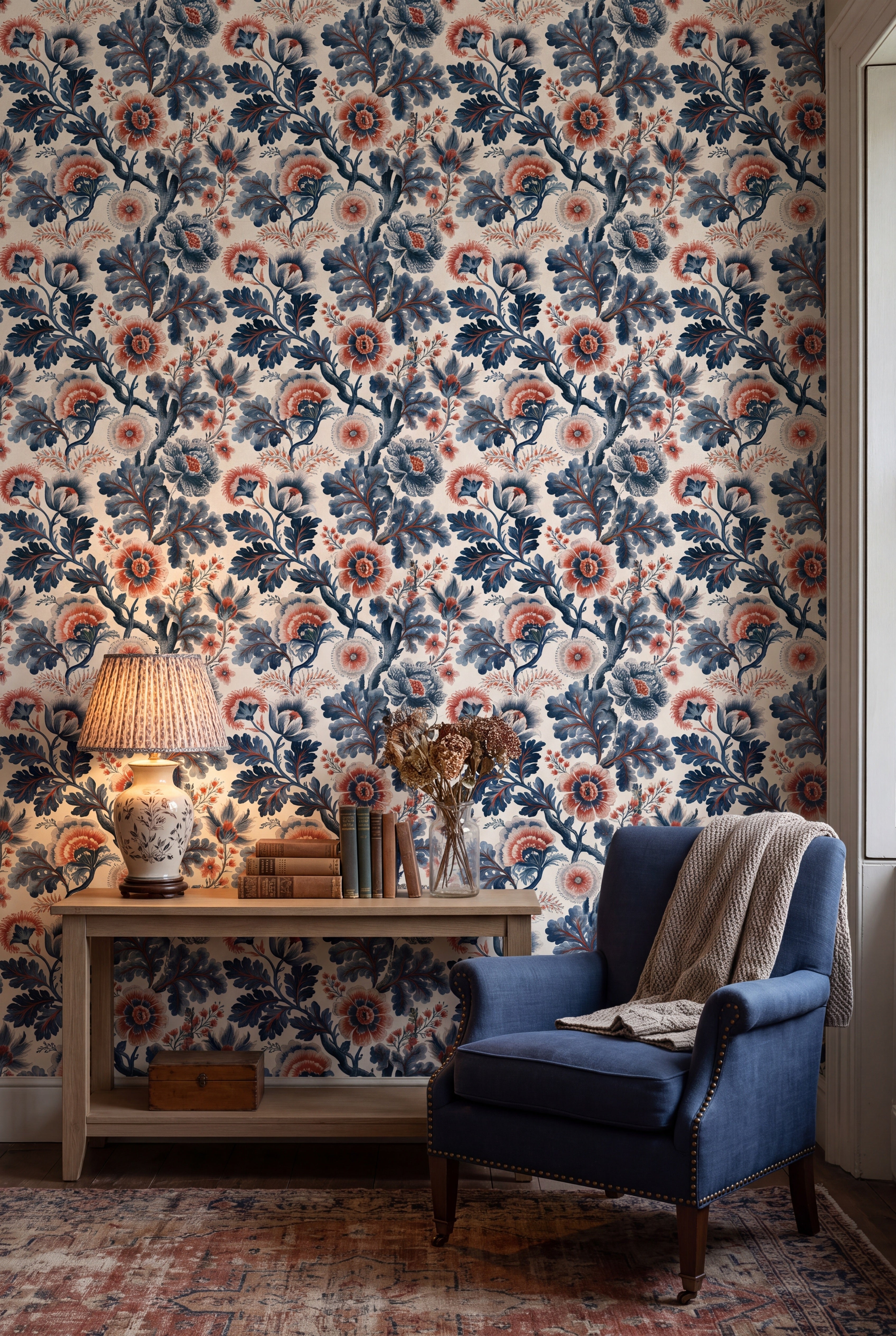 Jacobean Night wallpaper shown in a living room