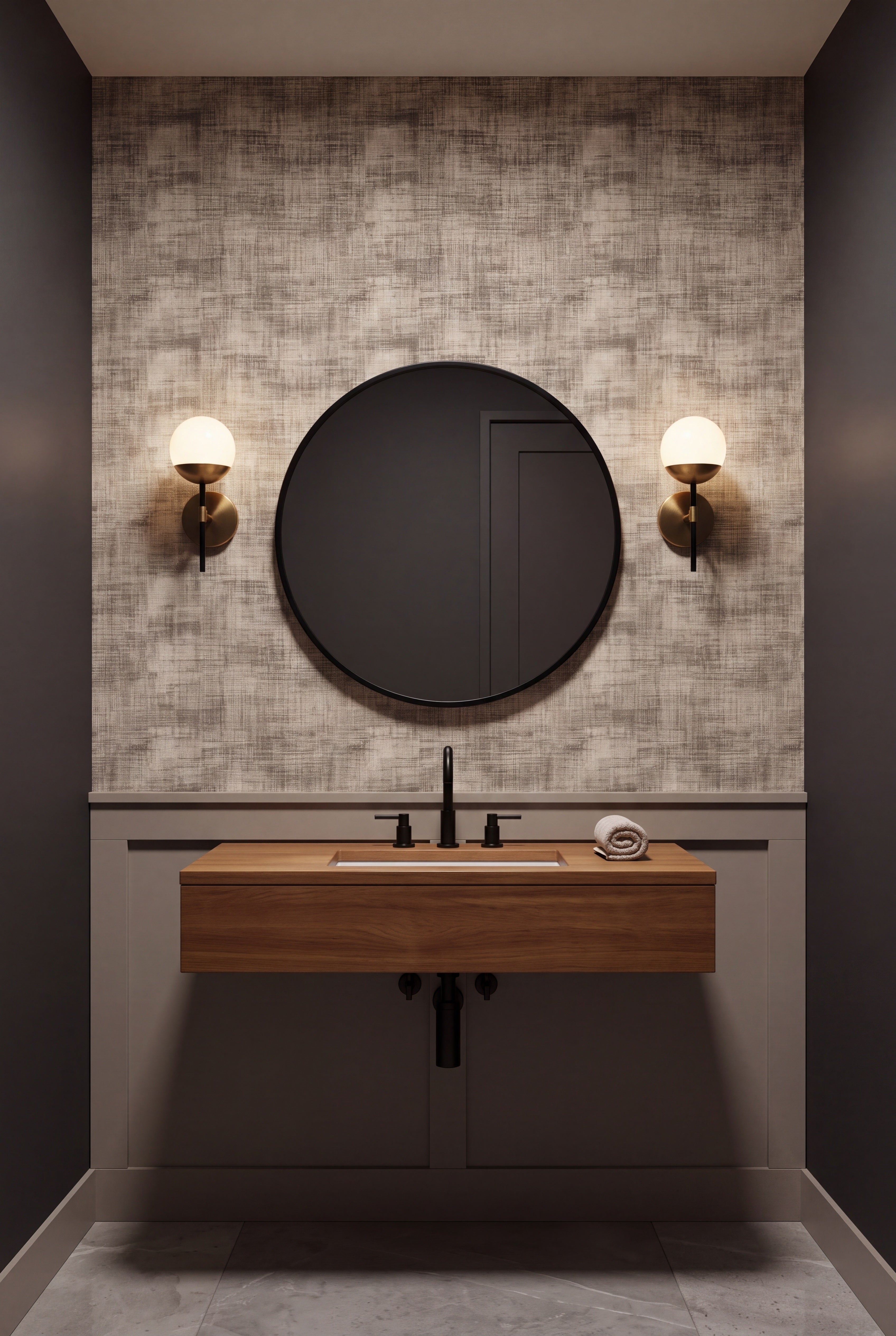Plaster Drift wallpaper shown in a powder room
