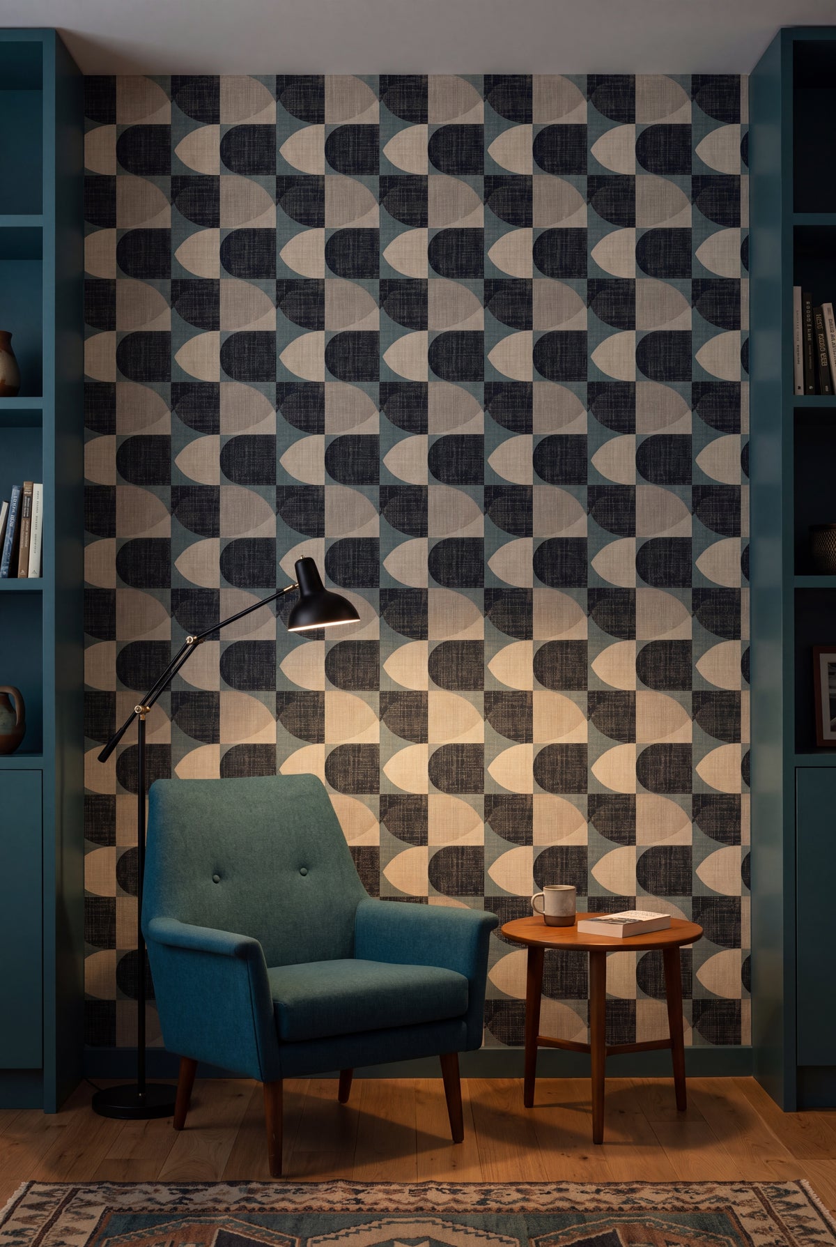 Tidewater Arc wallpaper shown in a reading nook