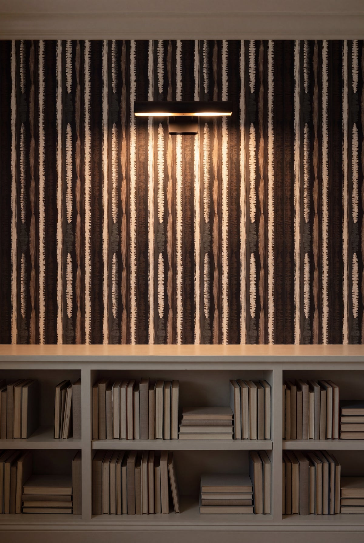 Birchbark Stripe wallpaper shown in a library