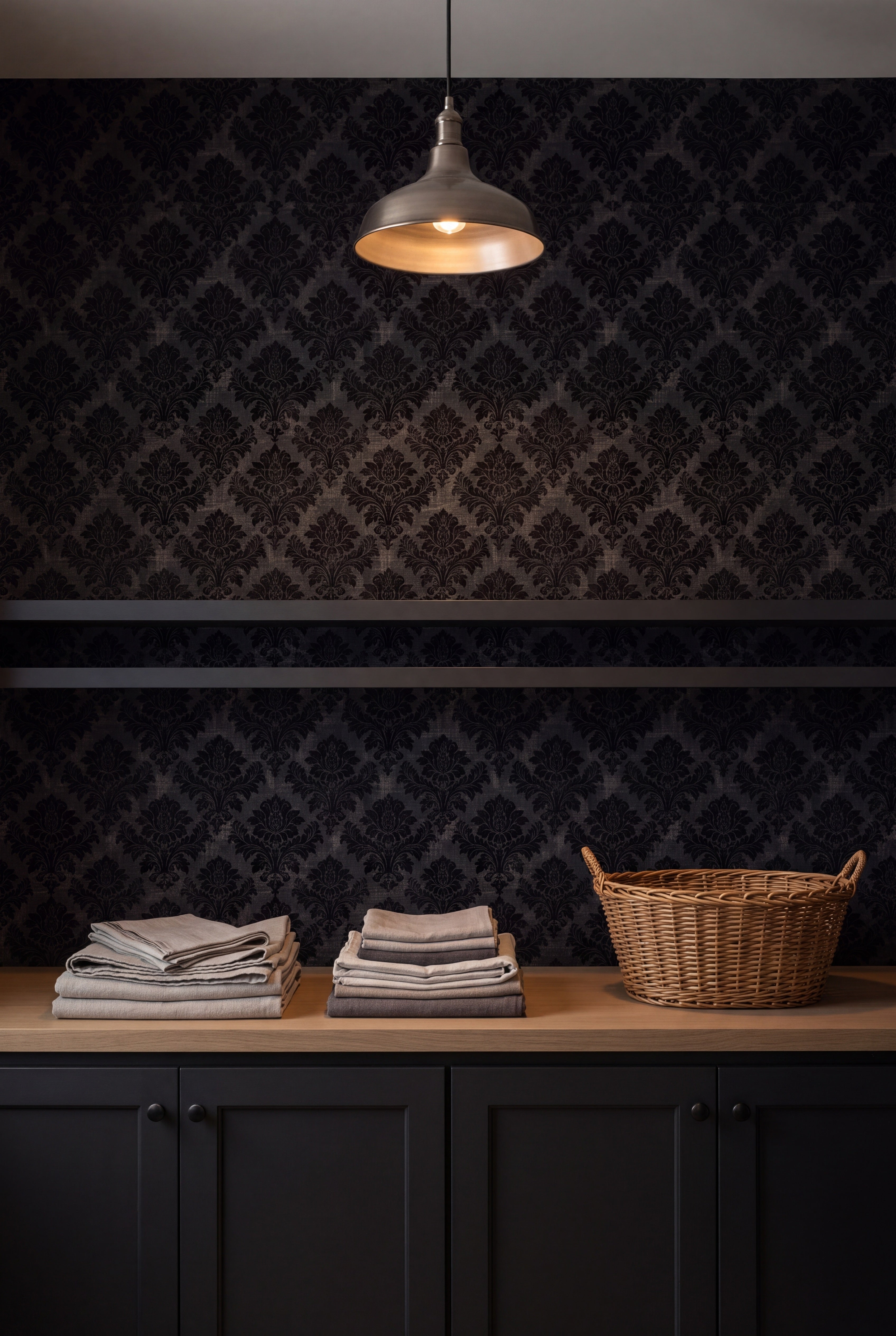 Obsidian Damask wallpaper shown in a laundry room