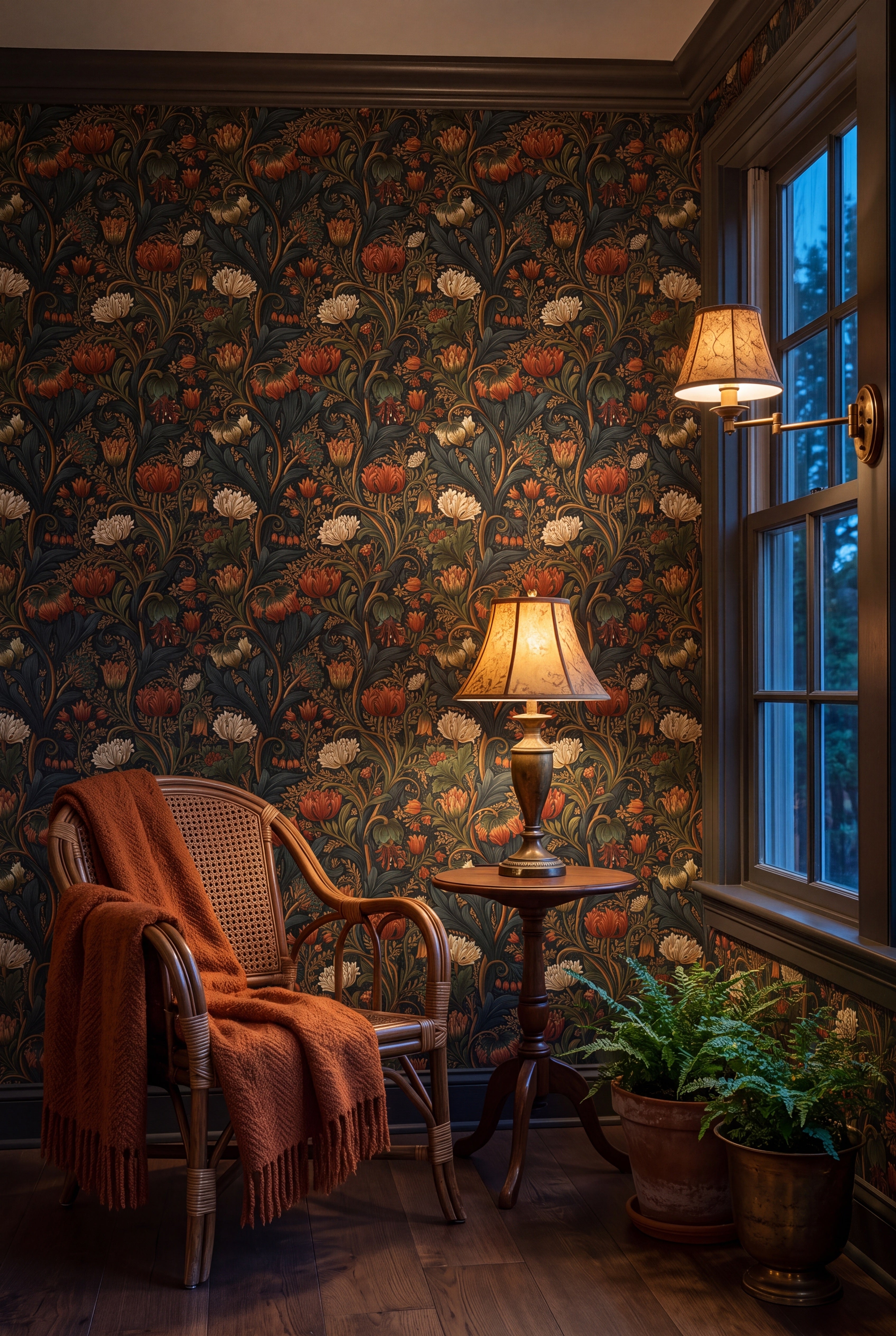 Ember Chrysanthemum wallpaper shown in a sunroom