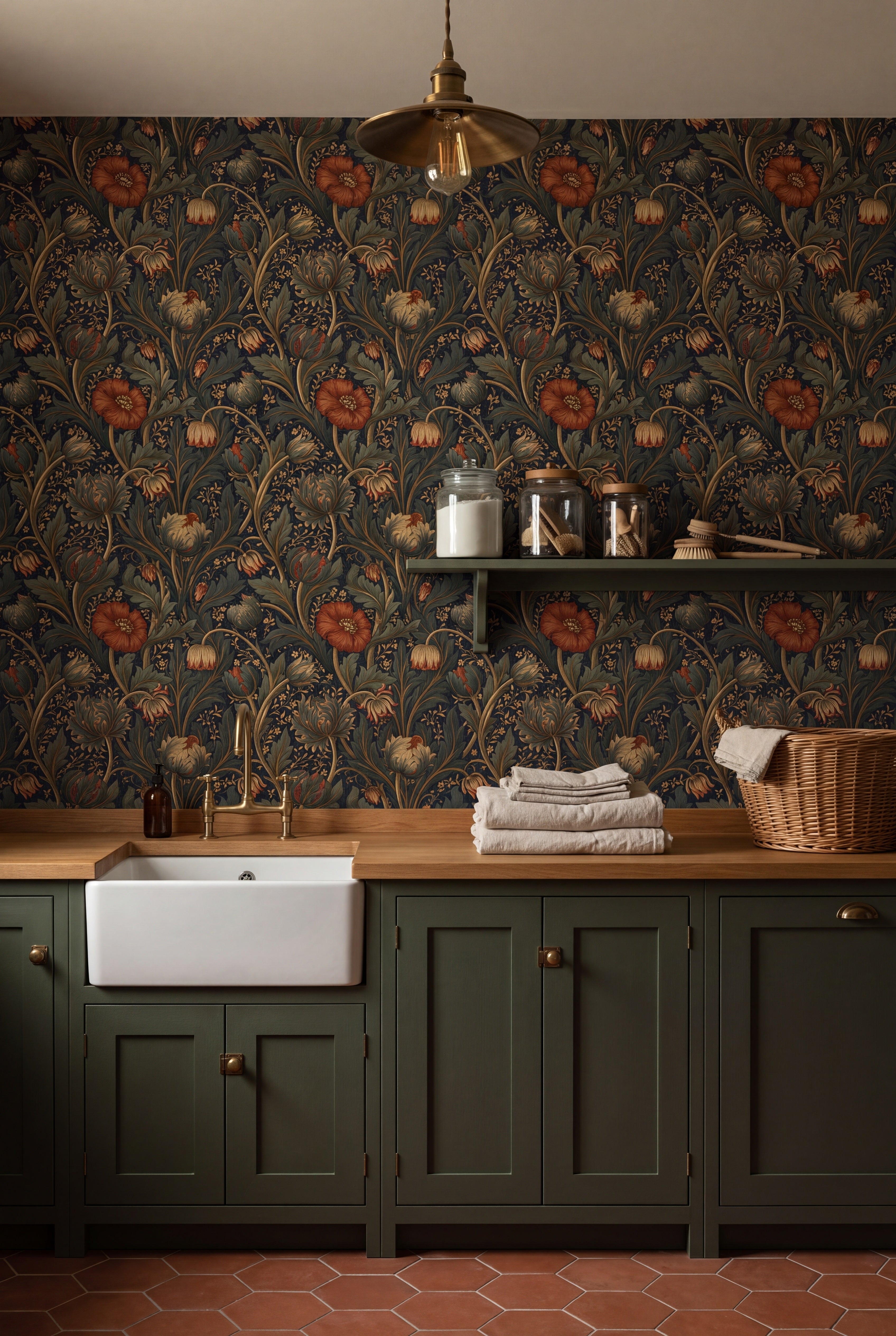 Amber Lily wallpaper shown in a laundry room