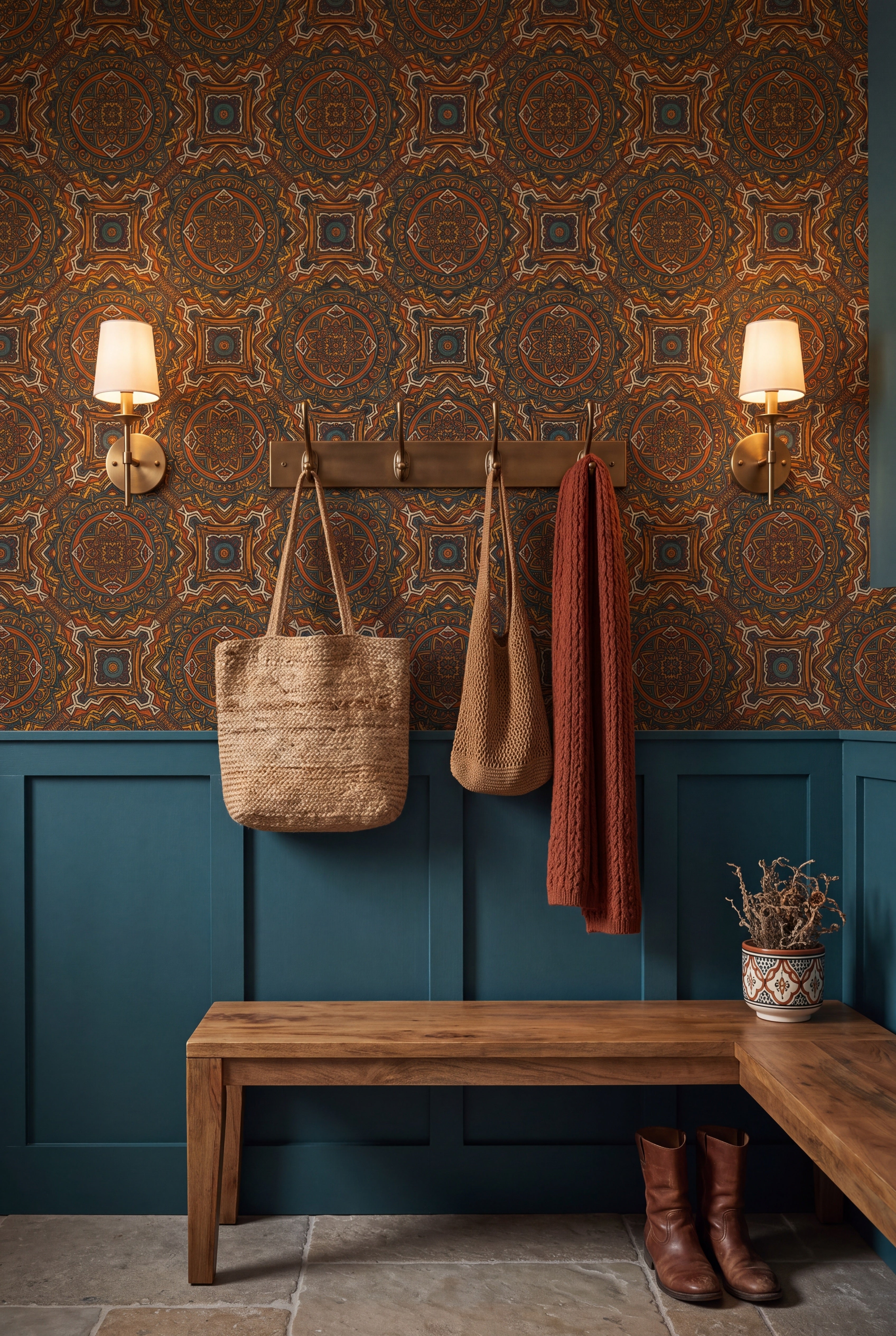 Caravan Mandala wallpaper shown in a mudroom