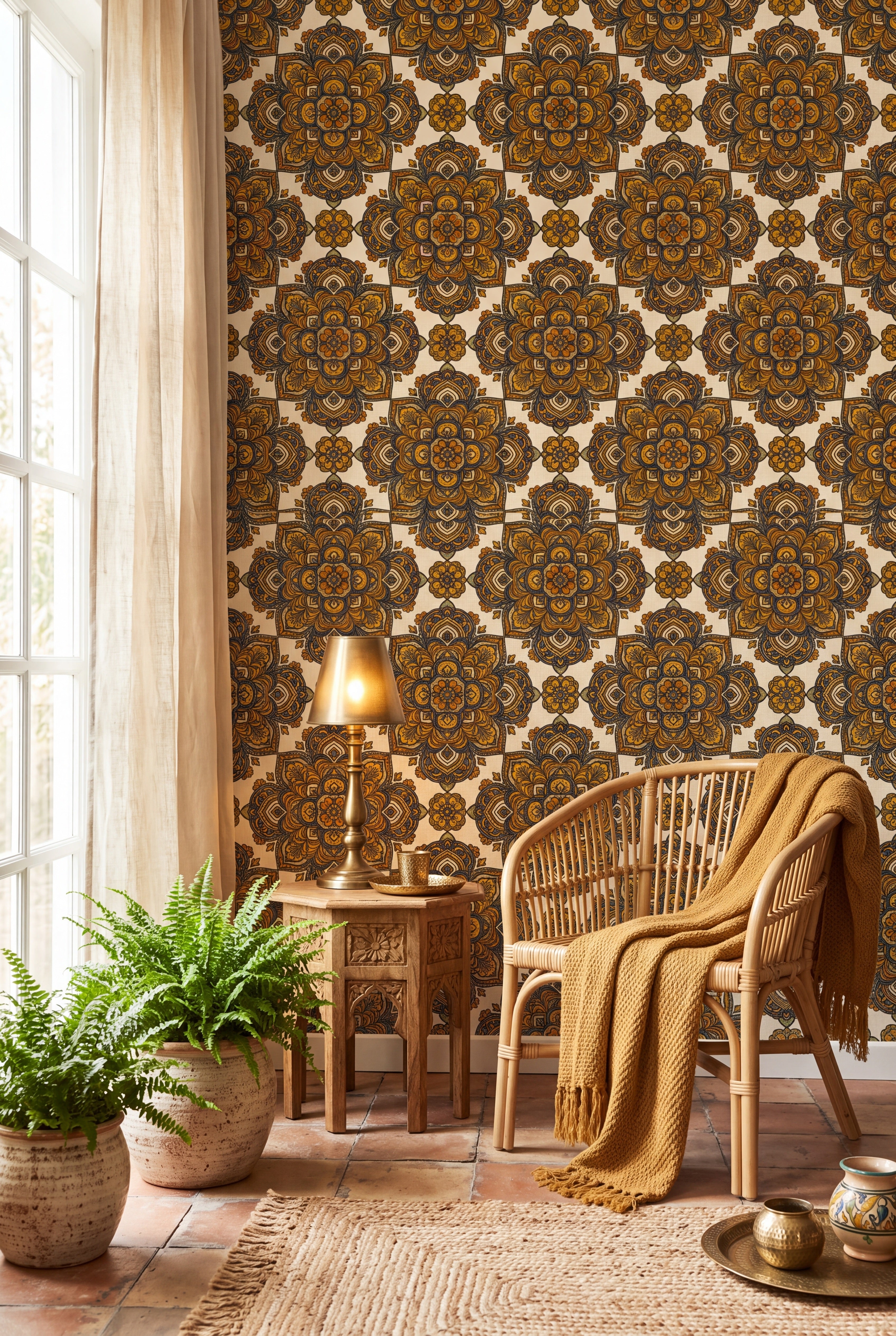 Saffron Mandala wallpaper shown in a sunroom