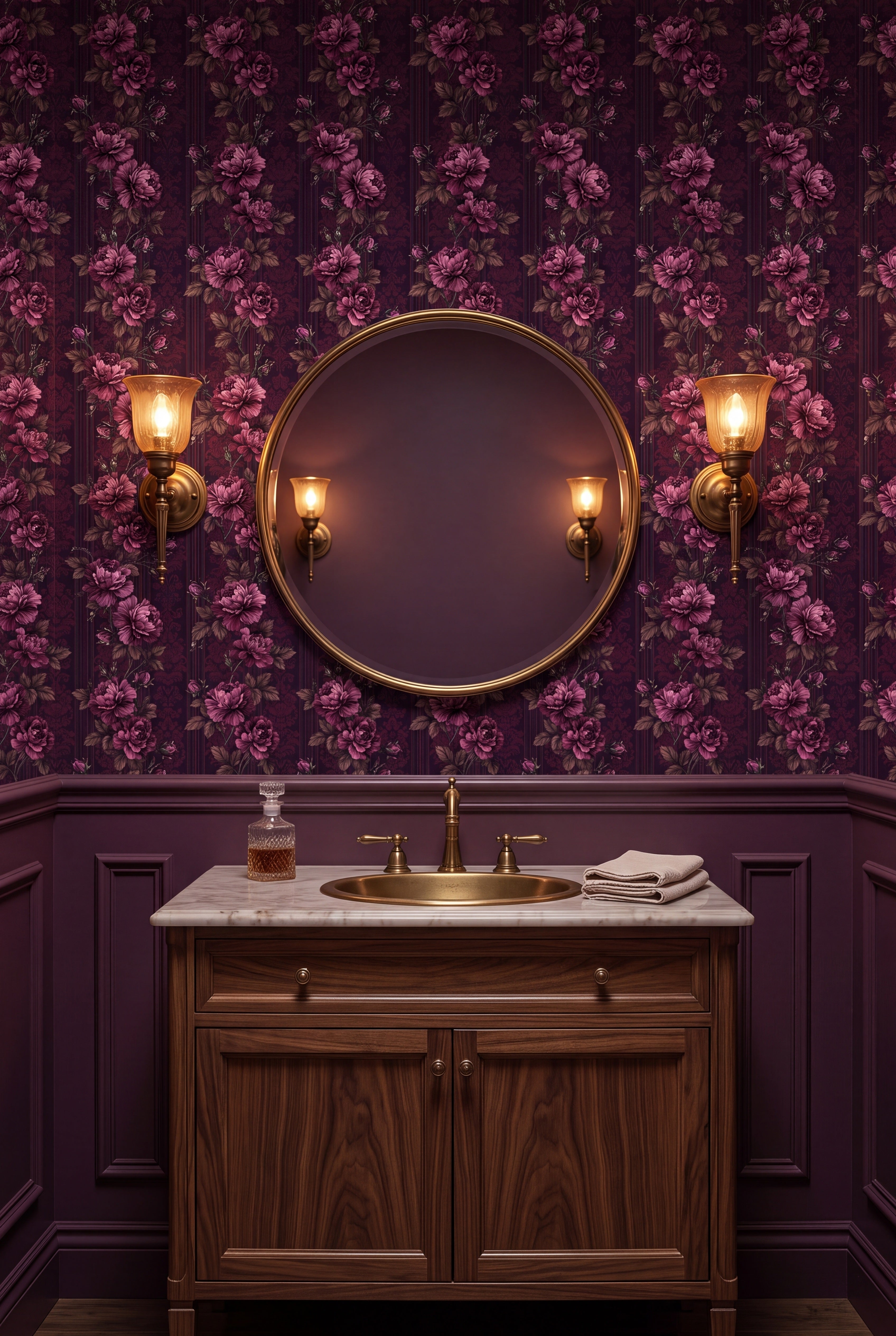 Damson Rose wallpaper shown in a powder room