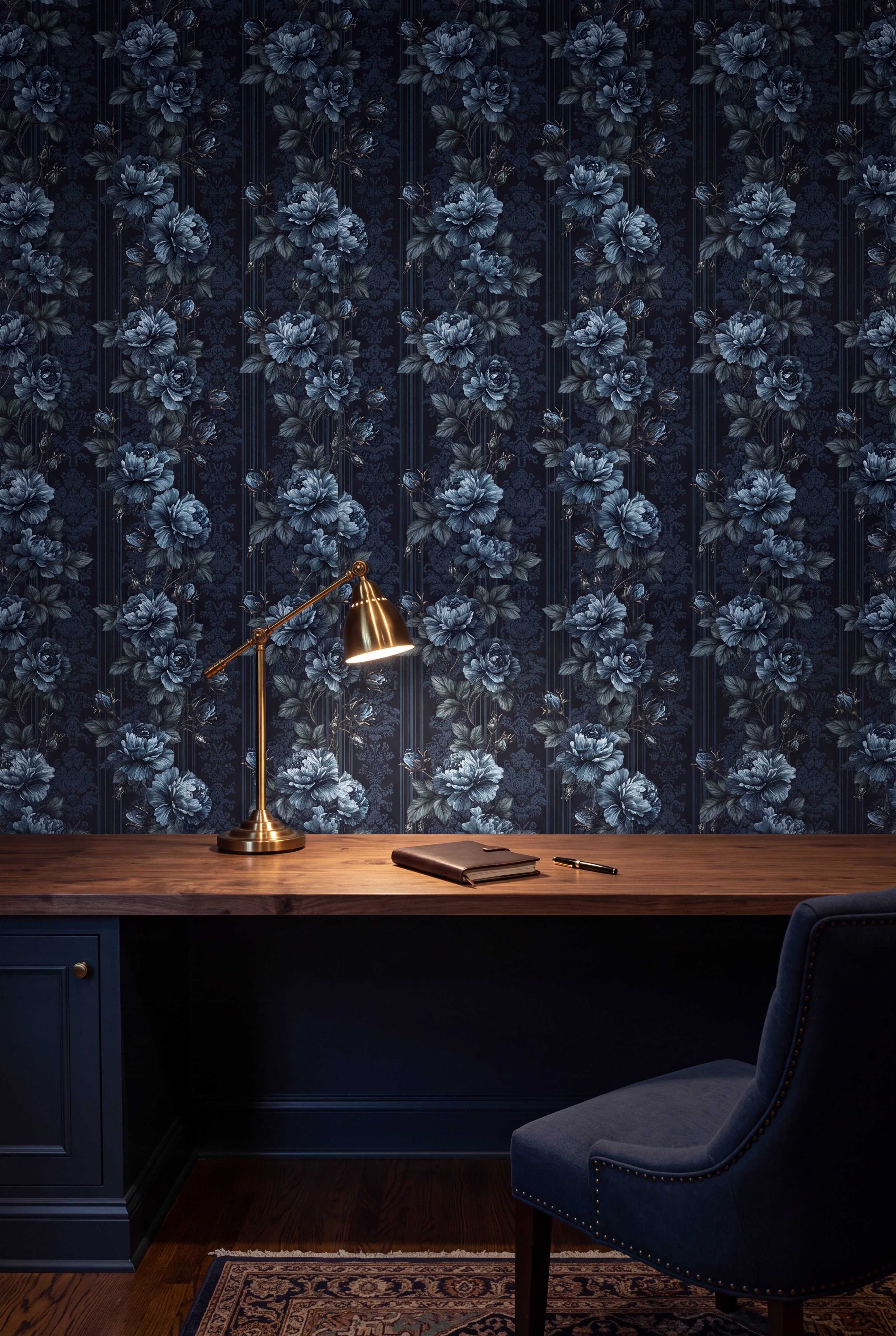 Midnight Rose wallpaper shown in a home office