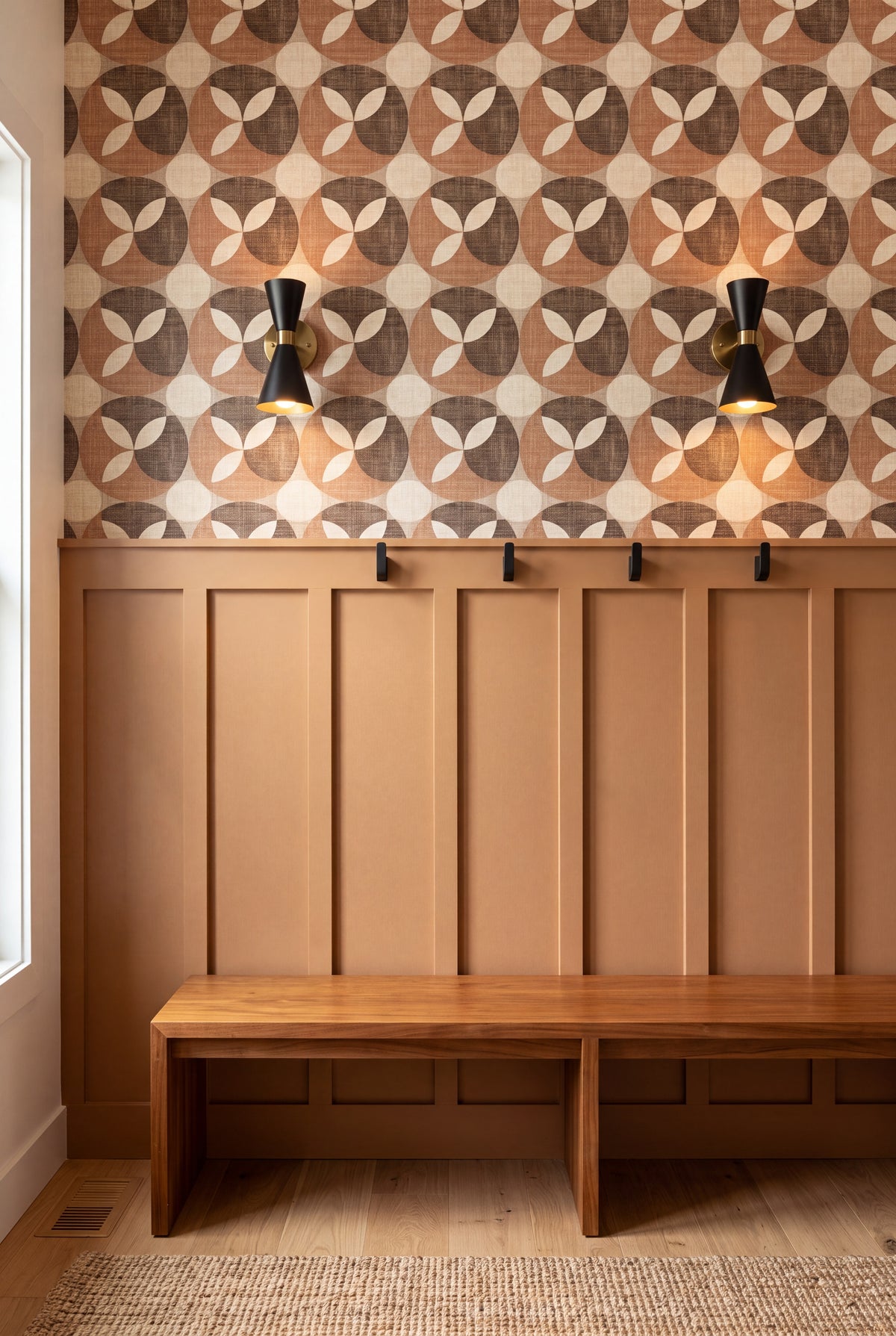 Caramel Petal wallpaper shown in a mudroom