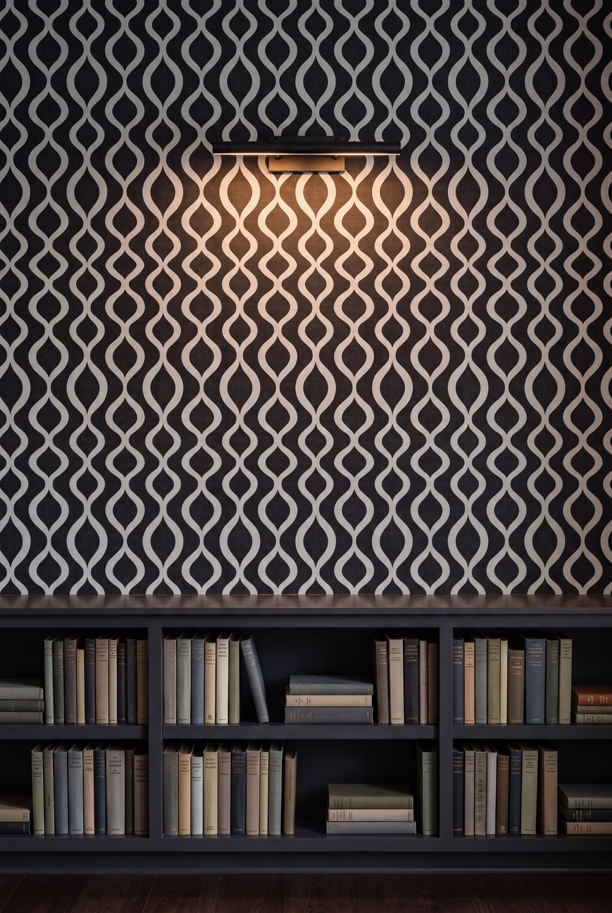 Onyx Pendulum wallpaper shown in a library