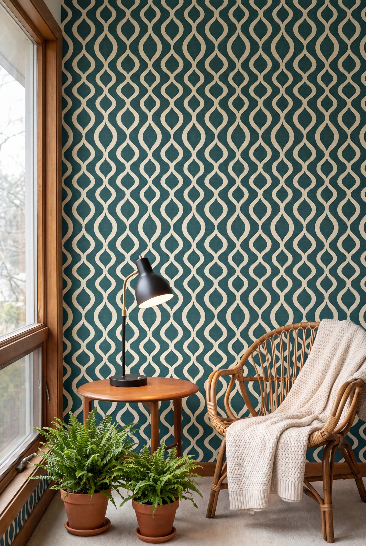 Lagoon Pendulum wallpaper shown in a sunroom