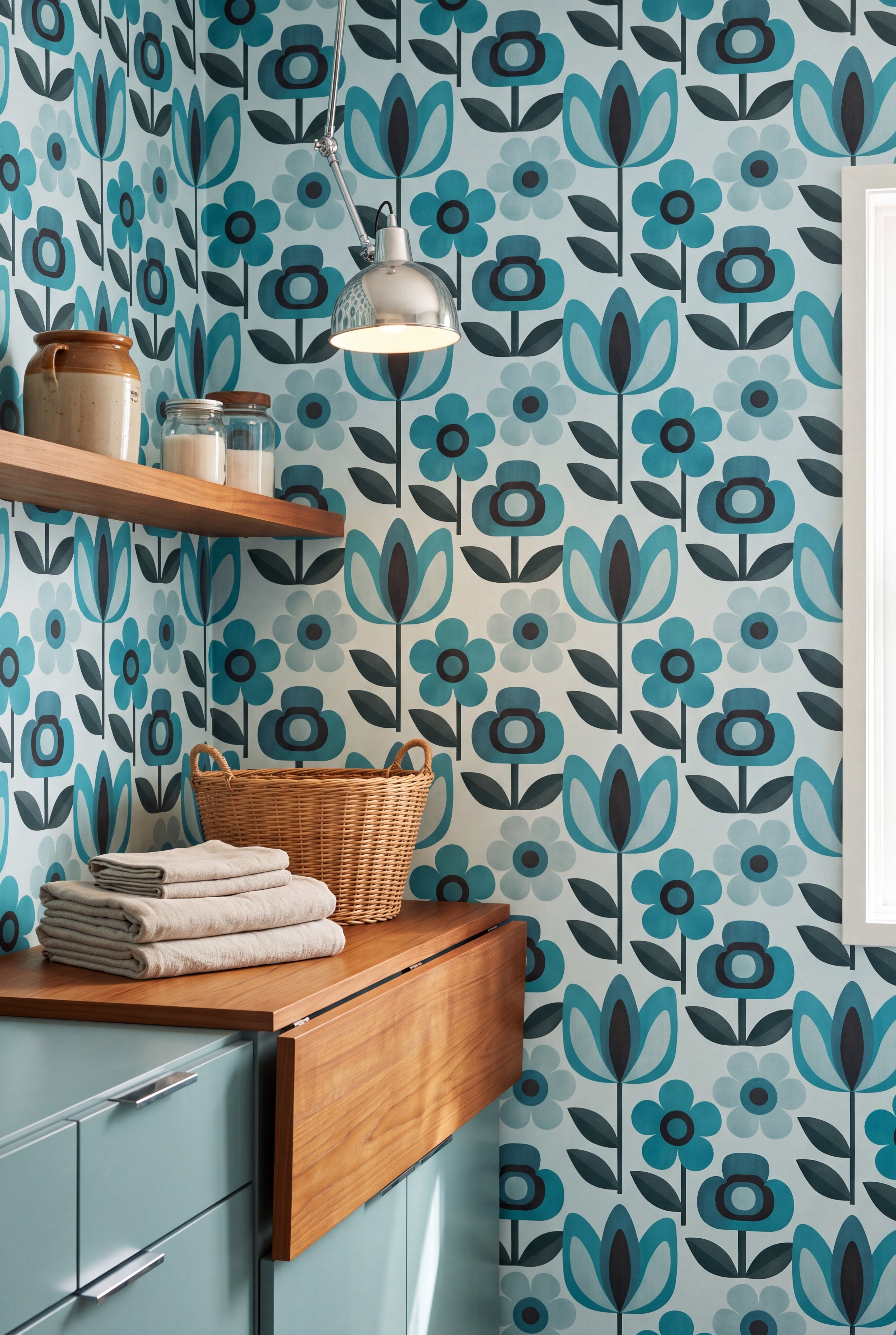 Aqua Daisy wallpaper shown in a laundry room