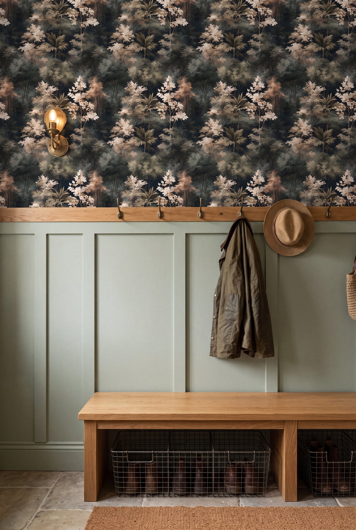 Misted Grove wallpaper shown in a mudroom