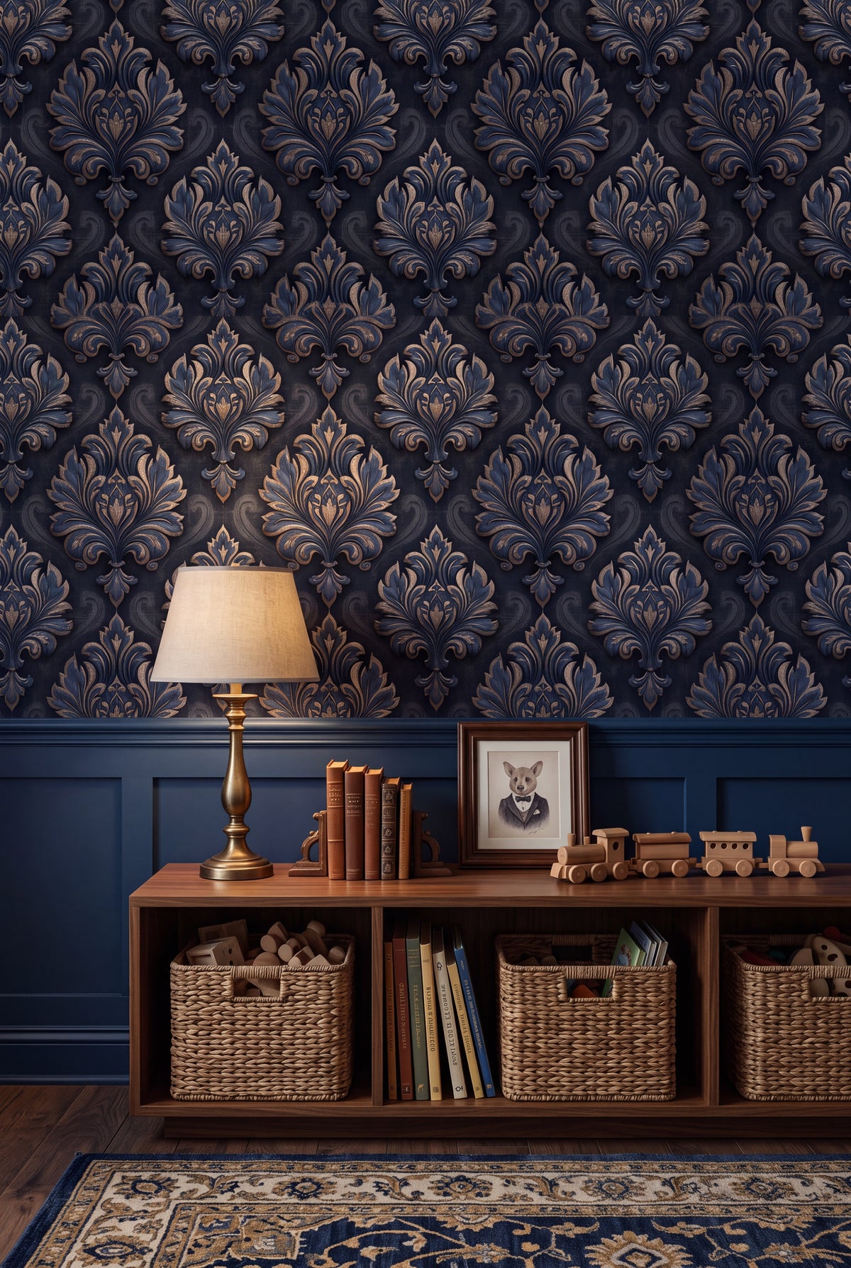 Sapphire Damask wallpaper shown in a kids room