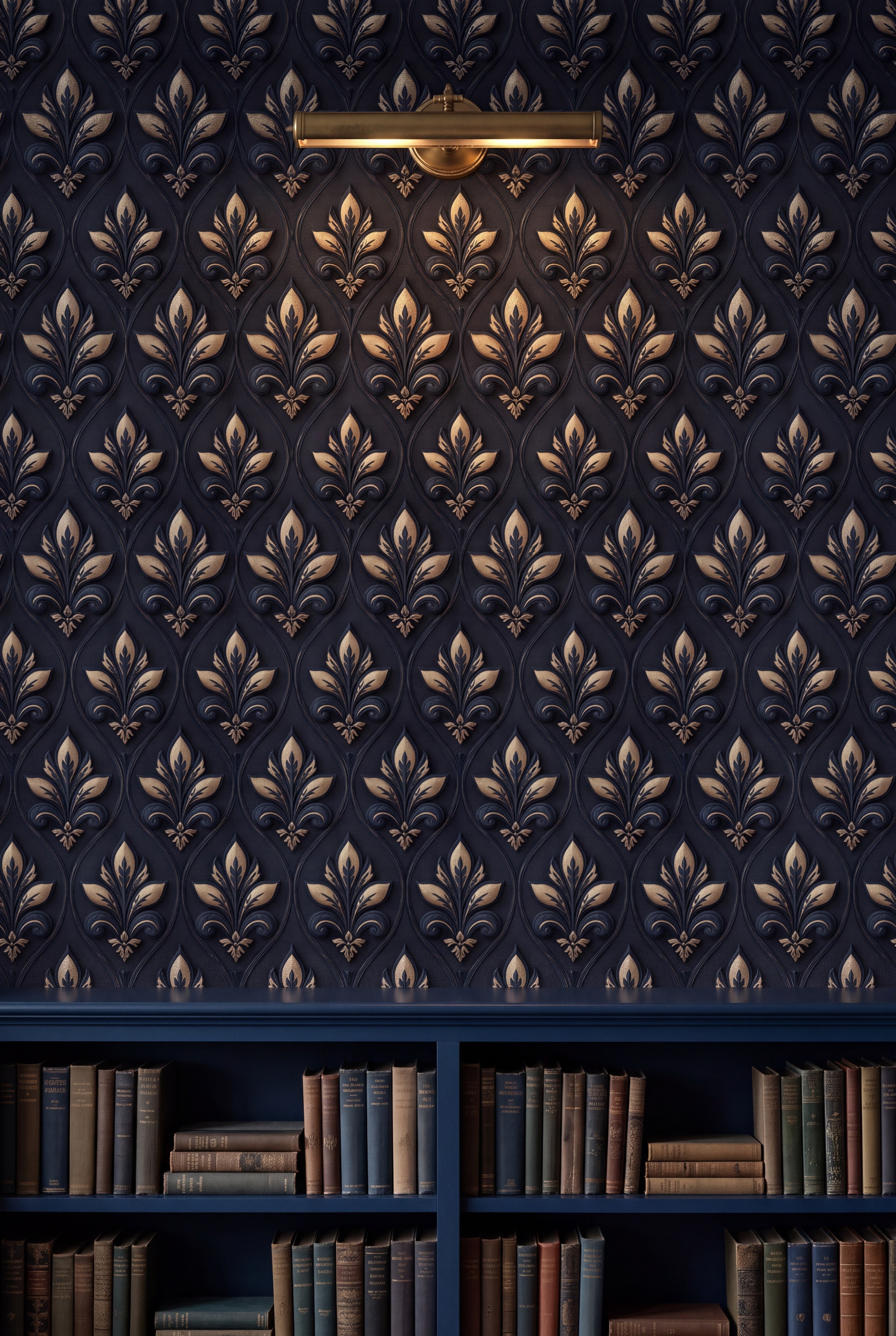 Sapphire Fleur wallpaper shown in a library
