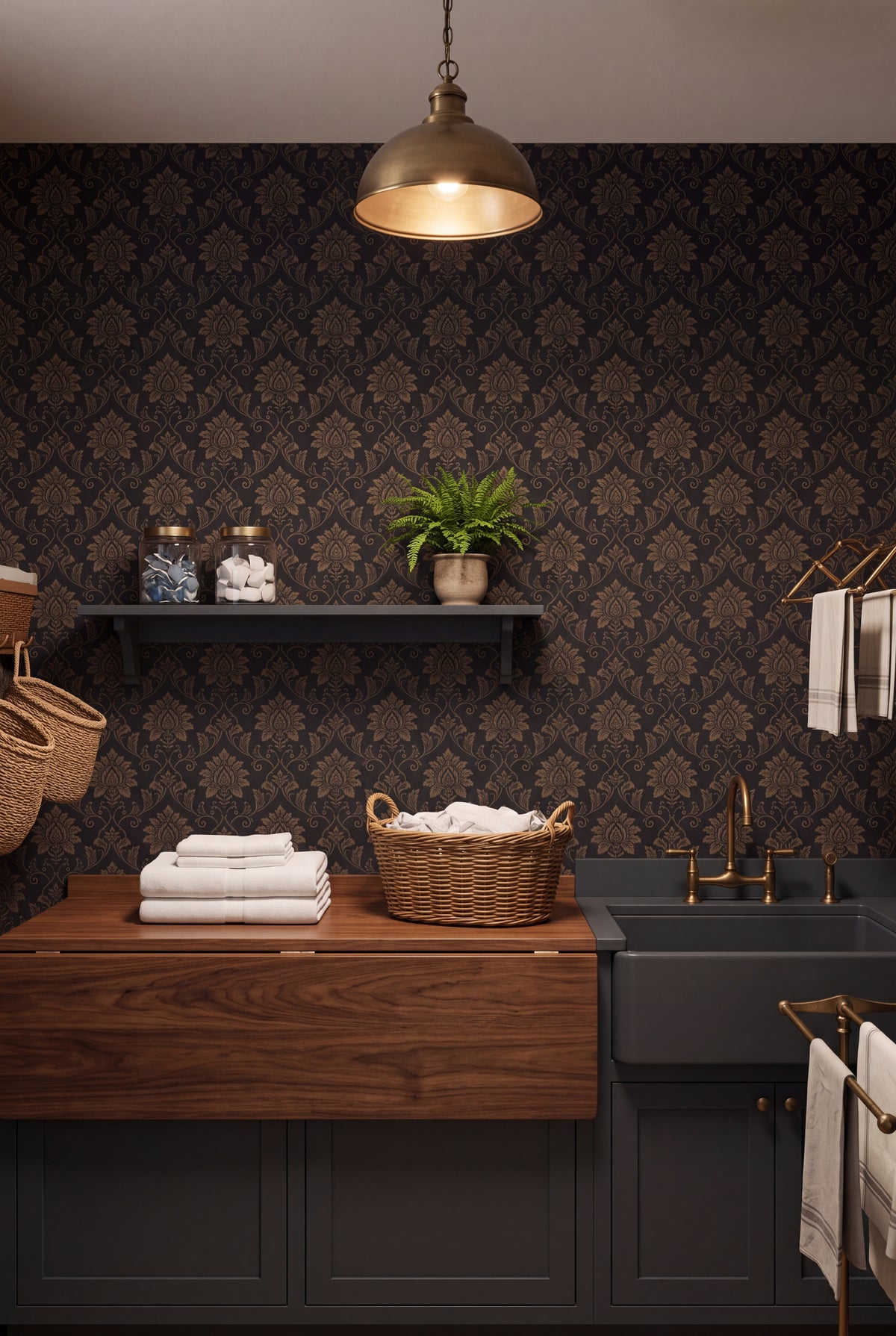 Bronze Damask wallpaper shown in a laundry room