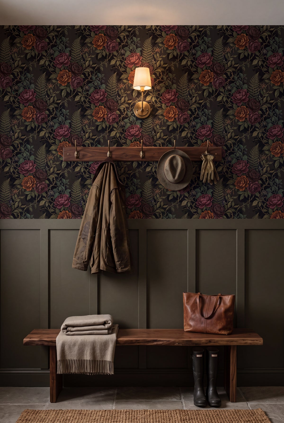 Ember Rose Fern wallpaper shown in a mudroom