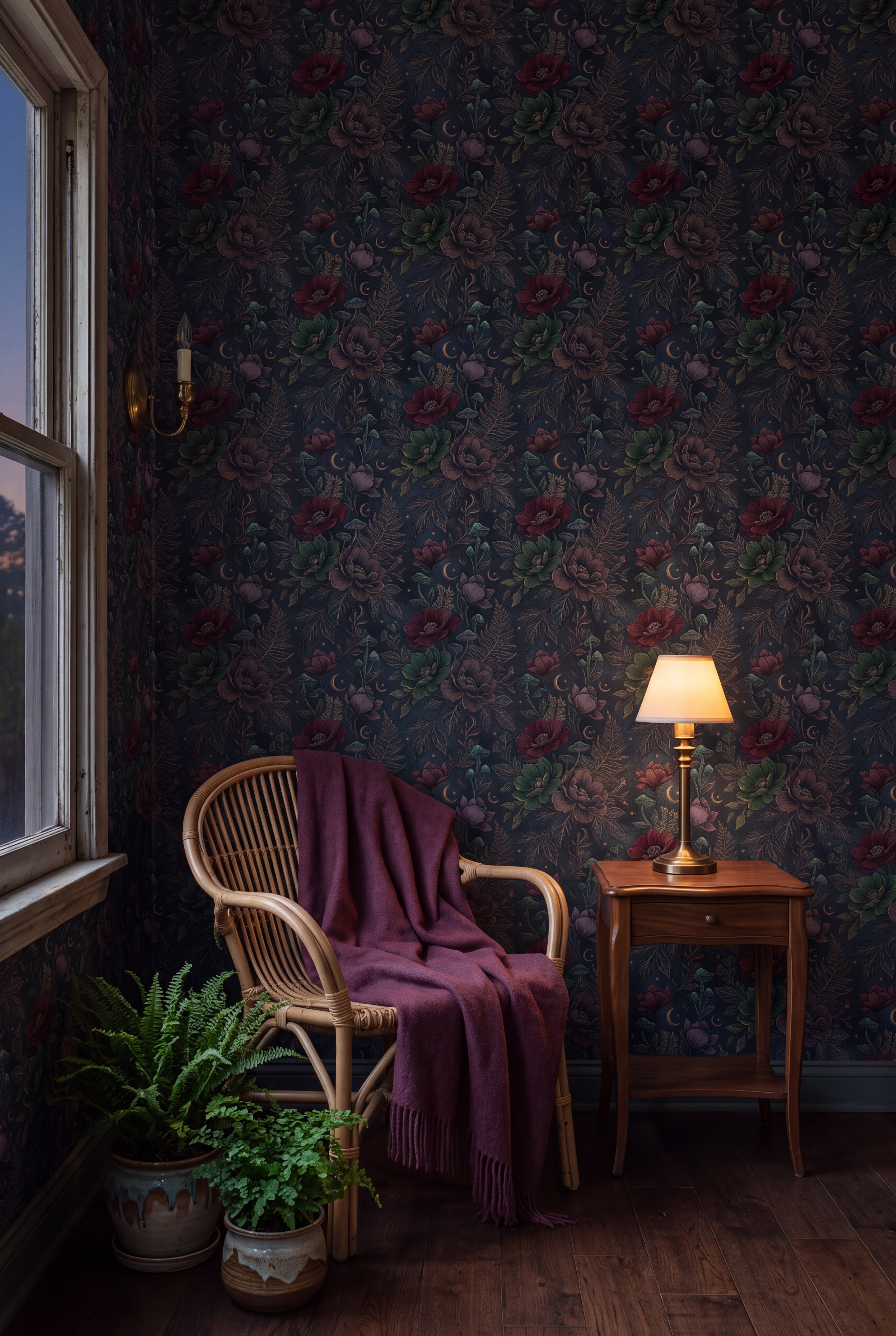 Moonlit Thicket wallpaper shown in a sunroom