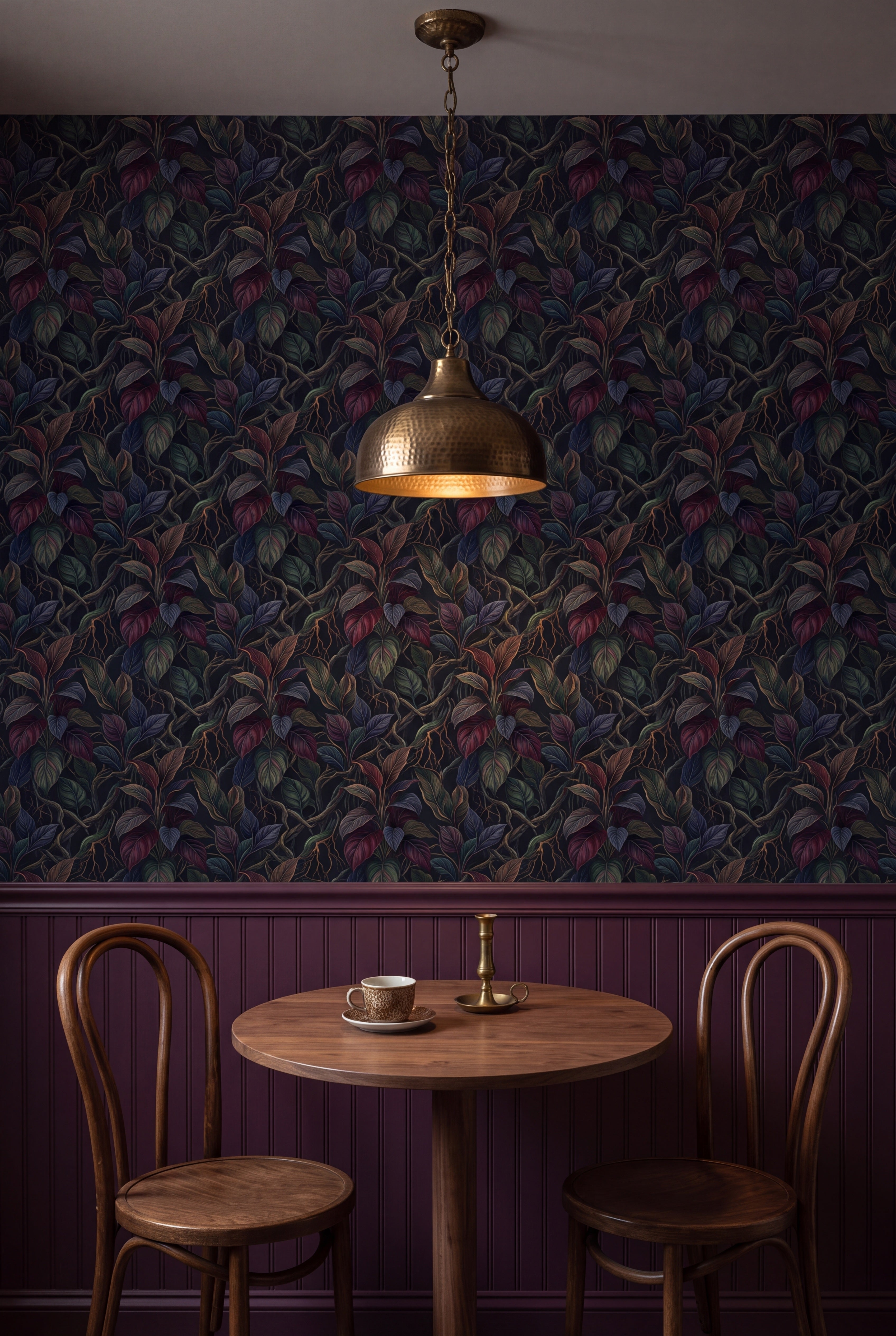 Nightvine wallpaper shown in a kitchen breakfast nook