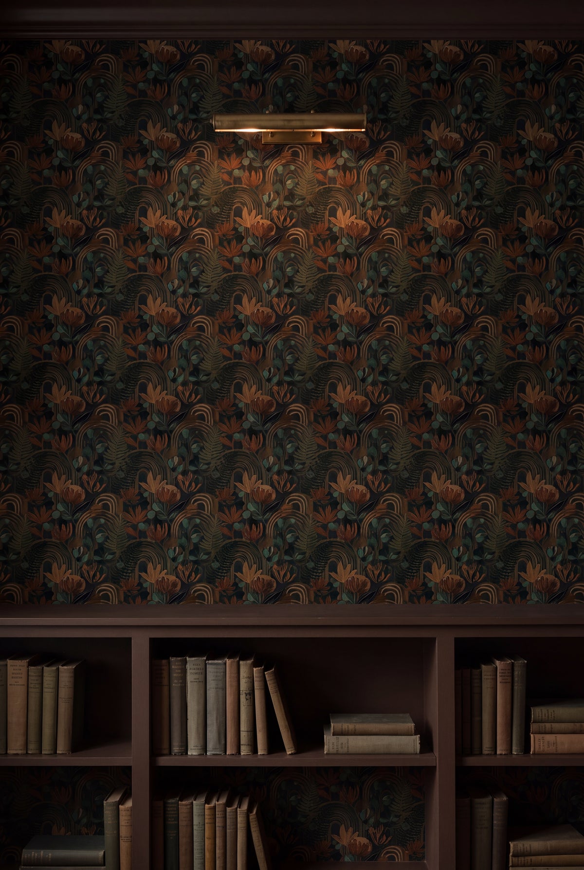 Umber Arbor wallpaper shown in a library