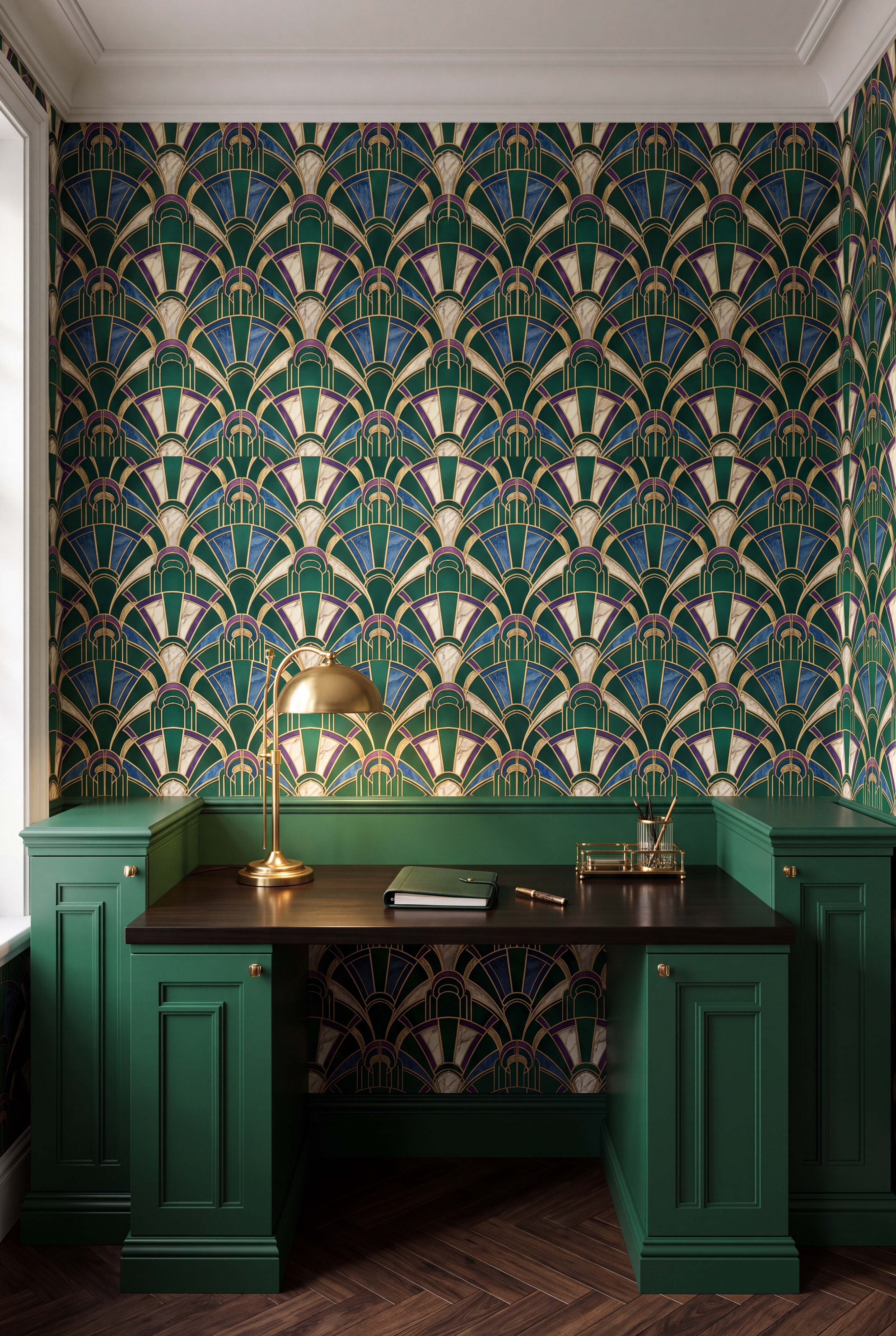 Emerald Deco Fan wallpaper shown in a home office