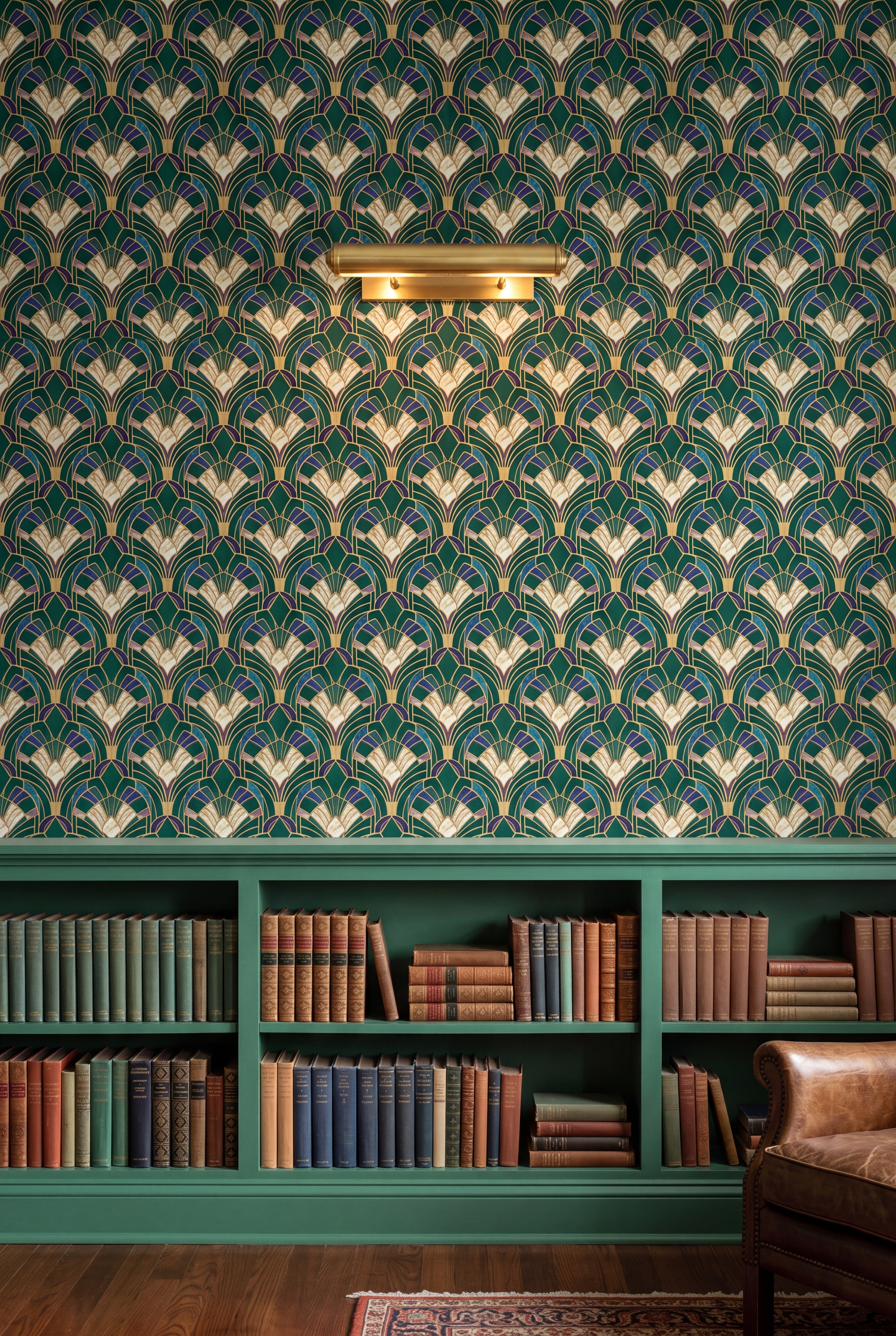 Jade Deco Fan wallpaper shown in a library