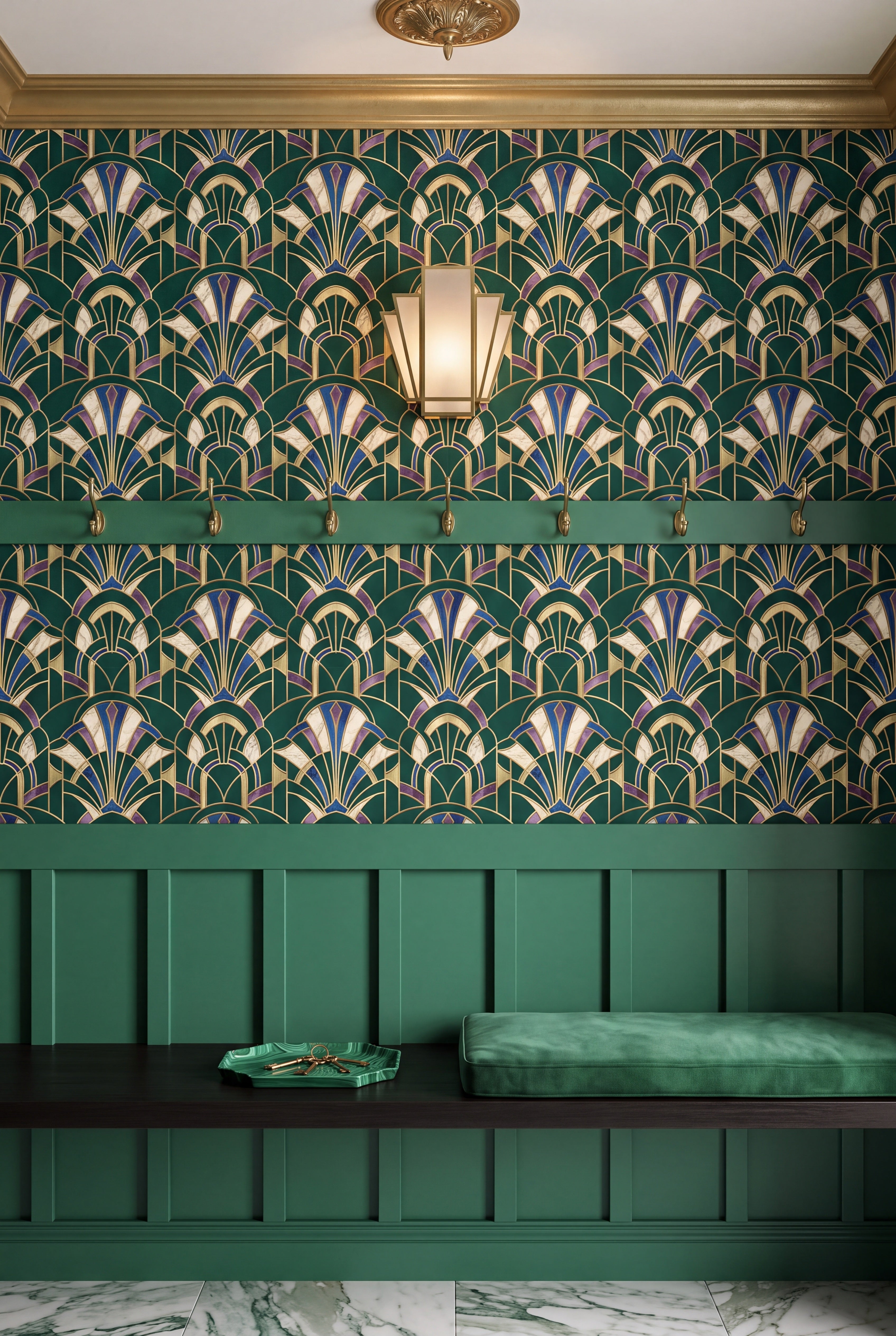 Malachite Arch wallpaper shown in a mudroom