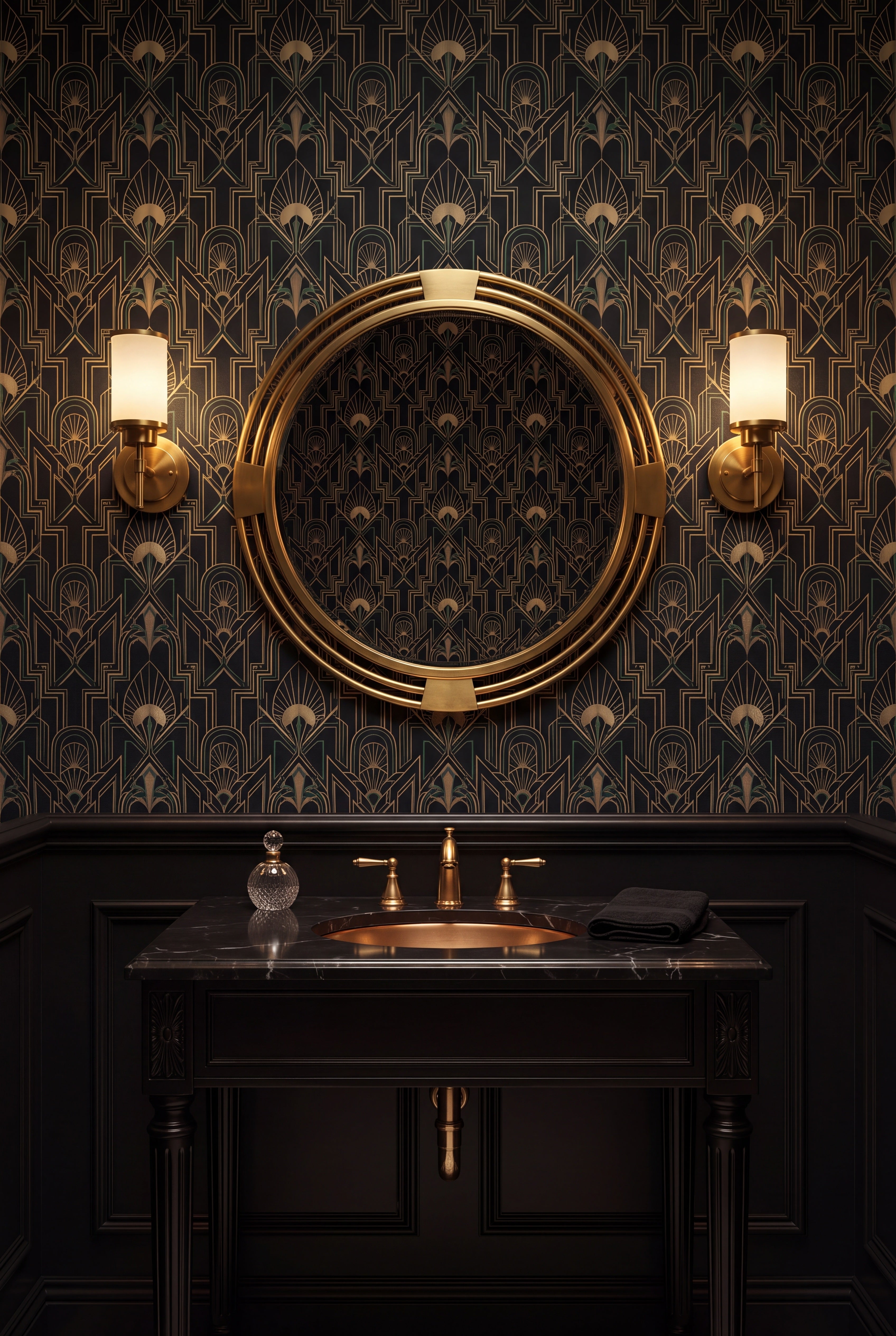 Gilt Nocturne wallpaper shown in a powder room