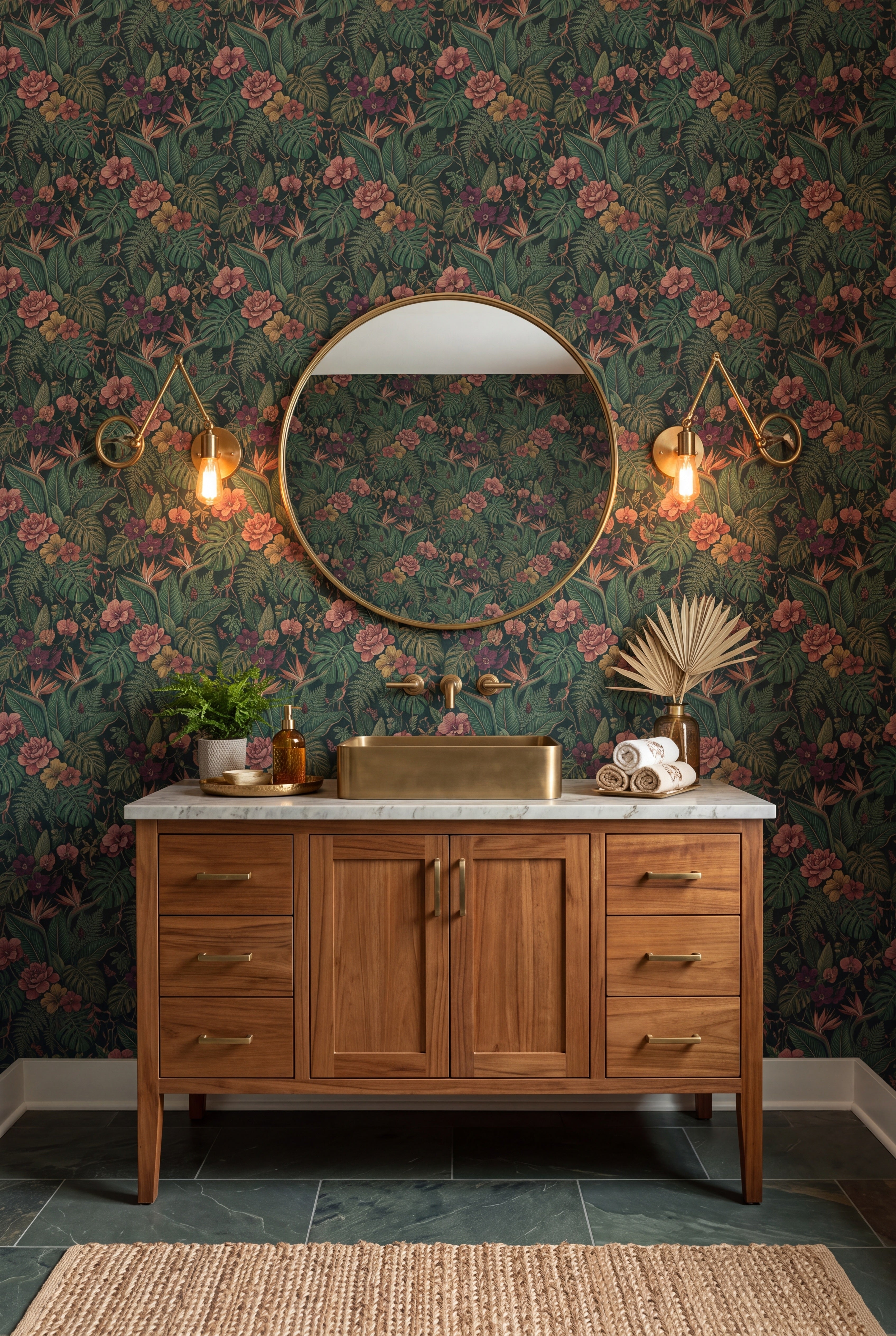 Jungle Bloom wallpaper shown in a powder room