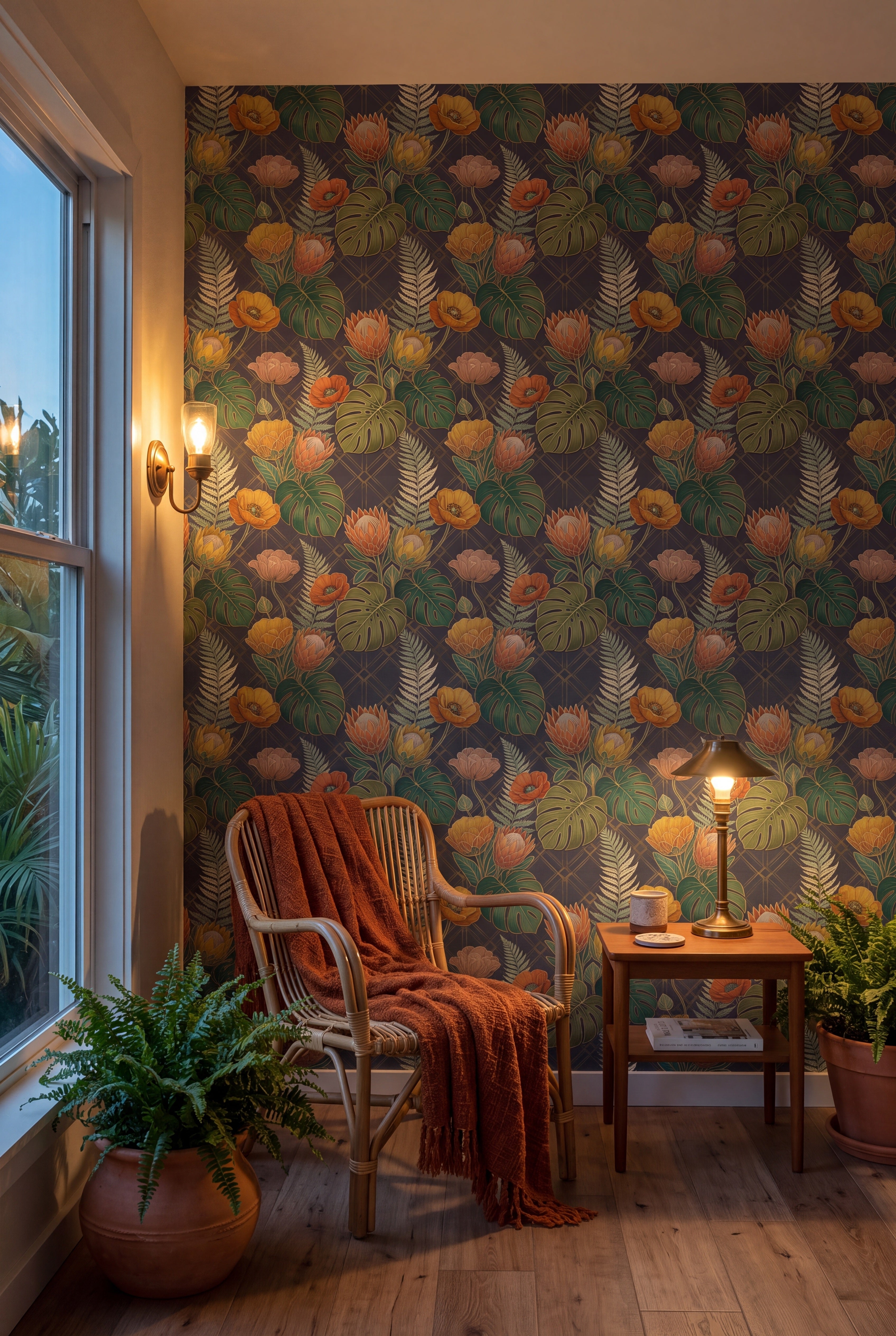Protea Nocturne wallpaper shown in a sunroom