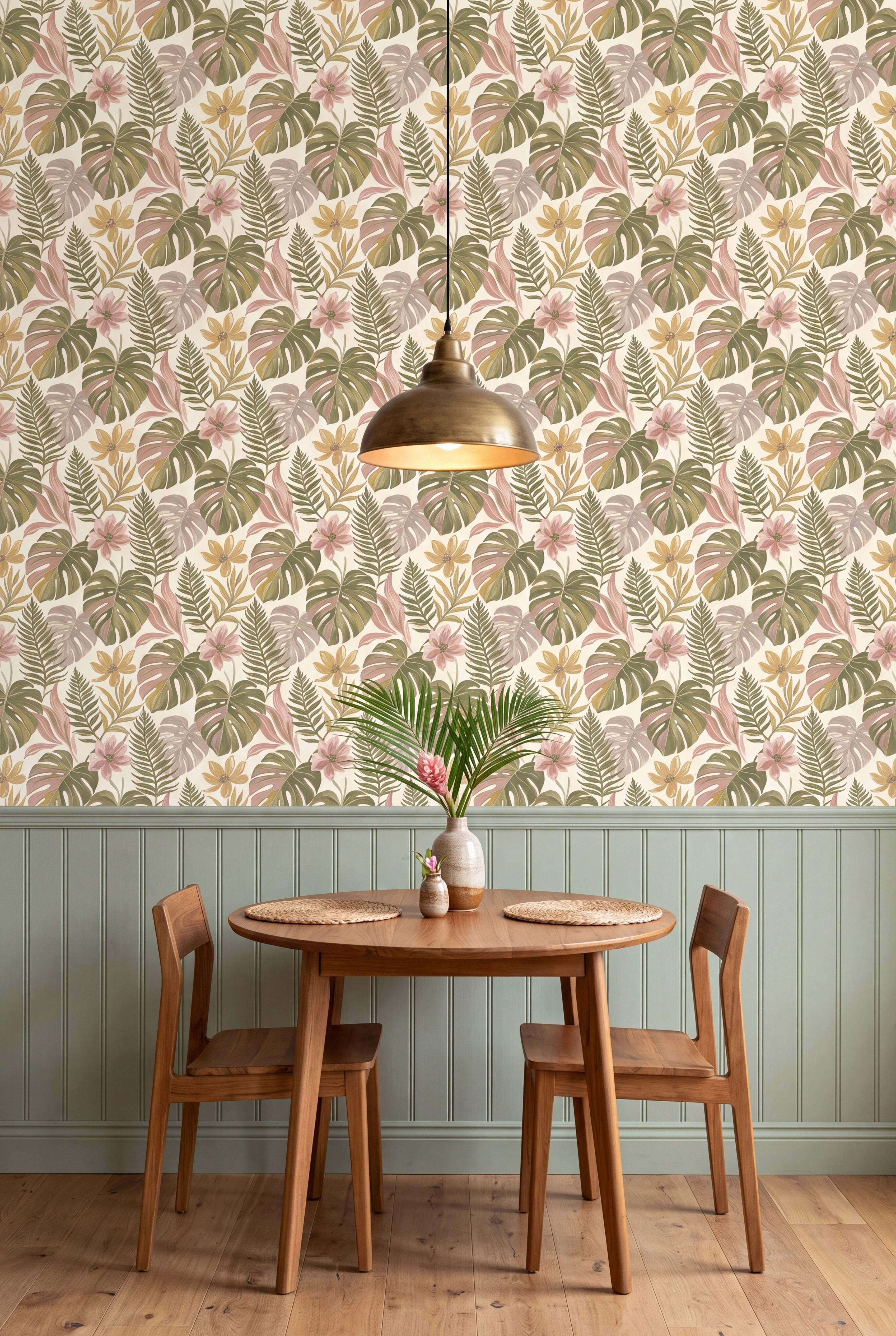 Fernwood Blush wallpaper shown in a kitchen breakfast nook
