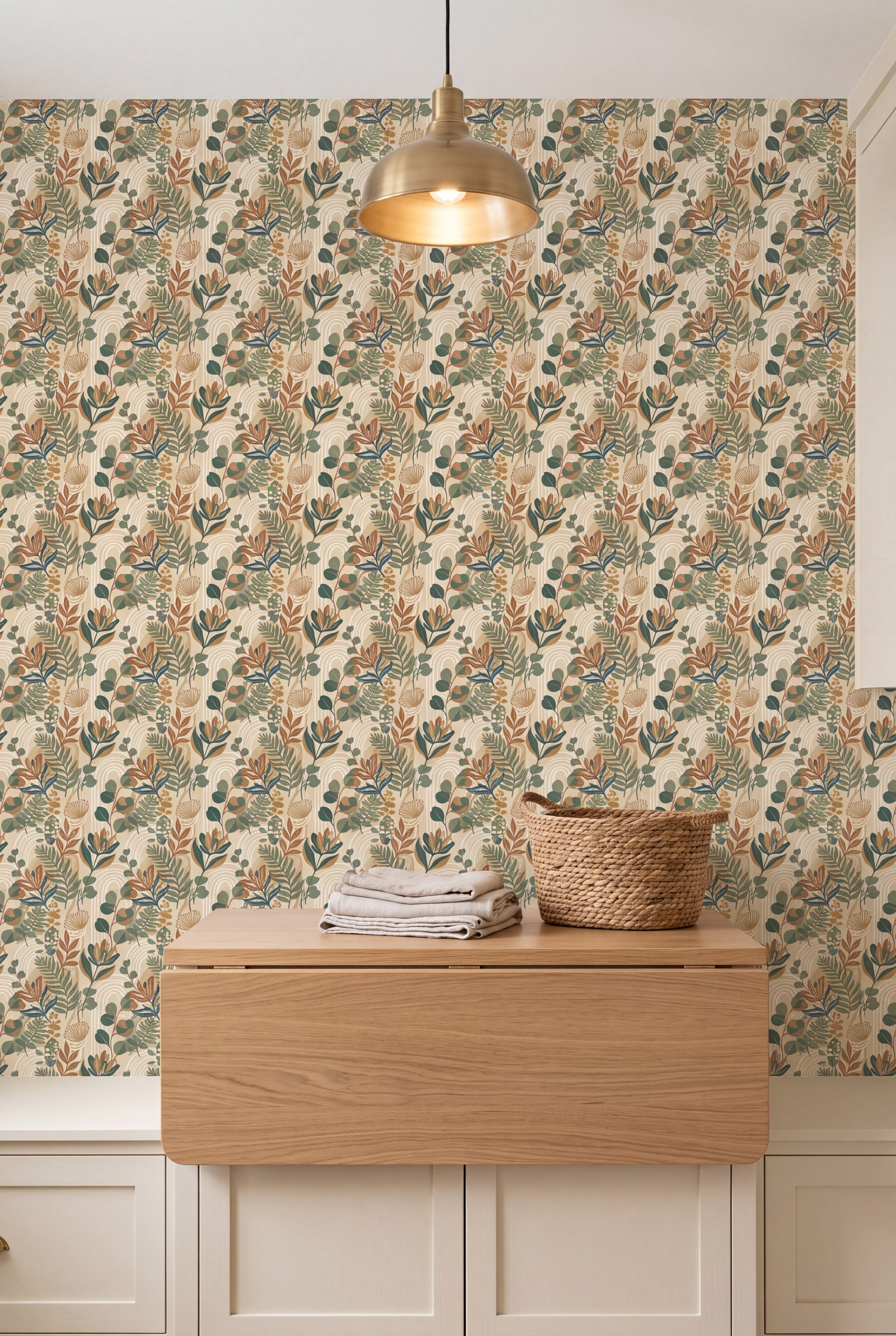 Sage Sprig wallpaper shown in a laundry room