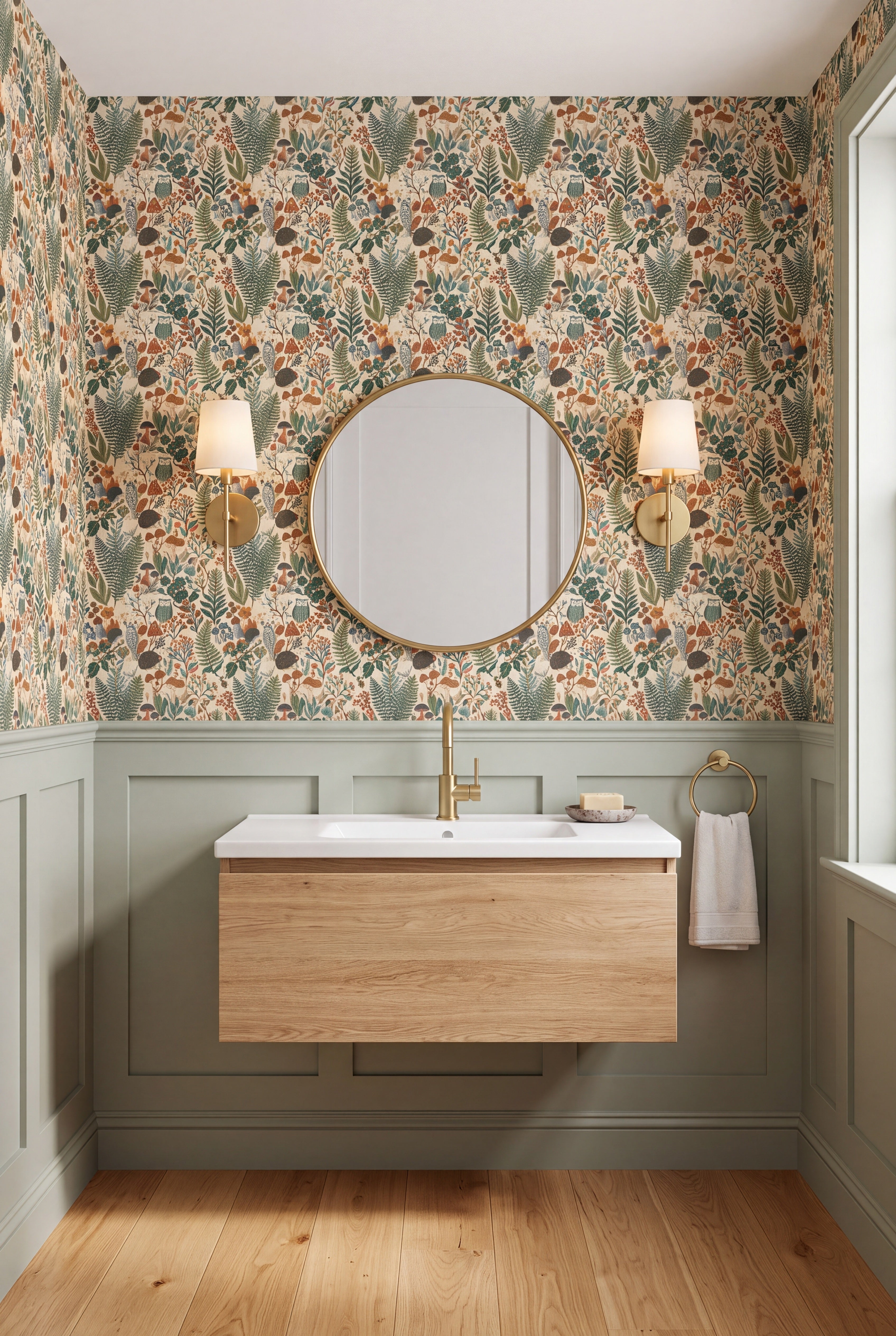 Owl Hollow wallpaper shown in a powder room