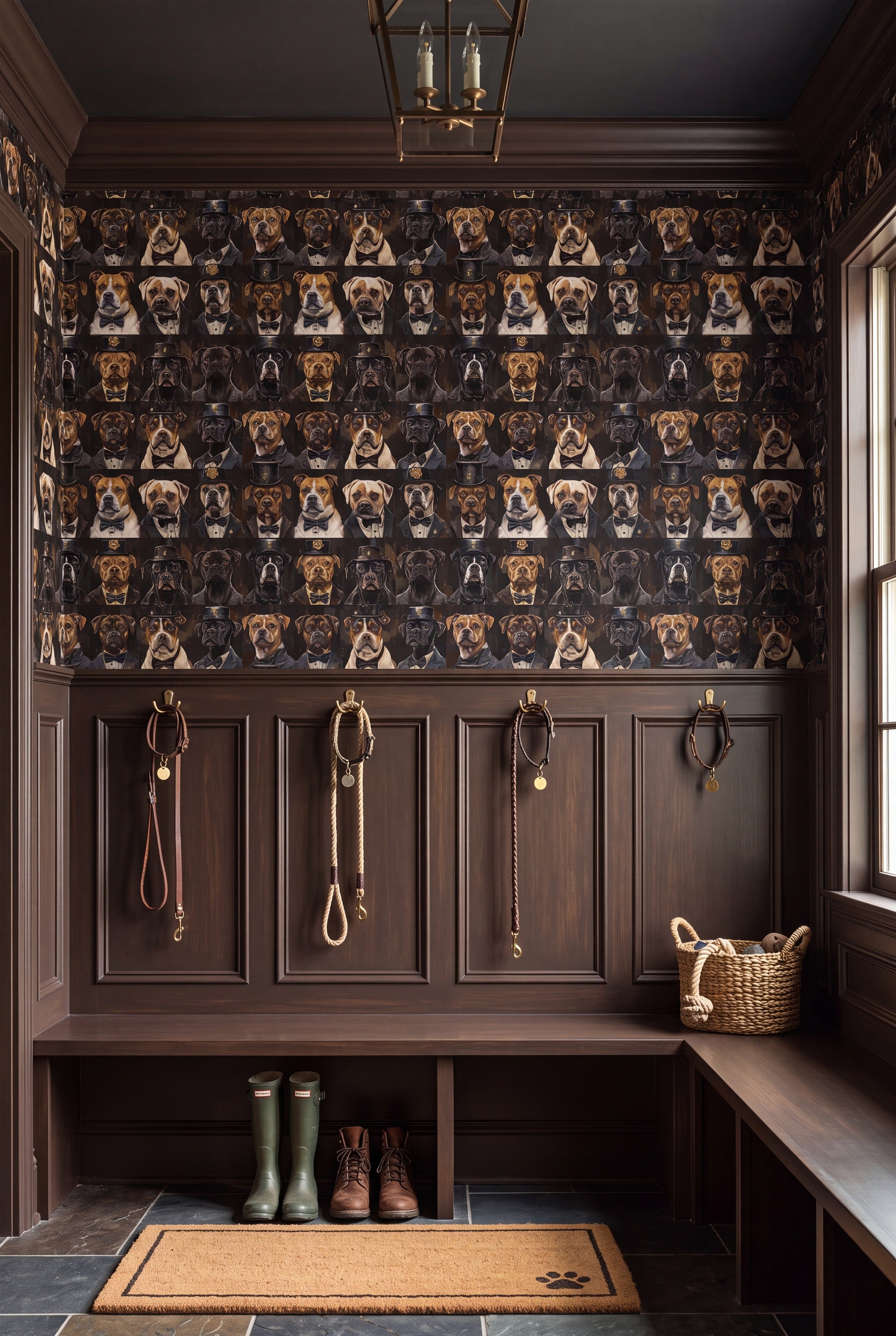 Good Boy Noir wallpaper shown in a mudroom