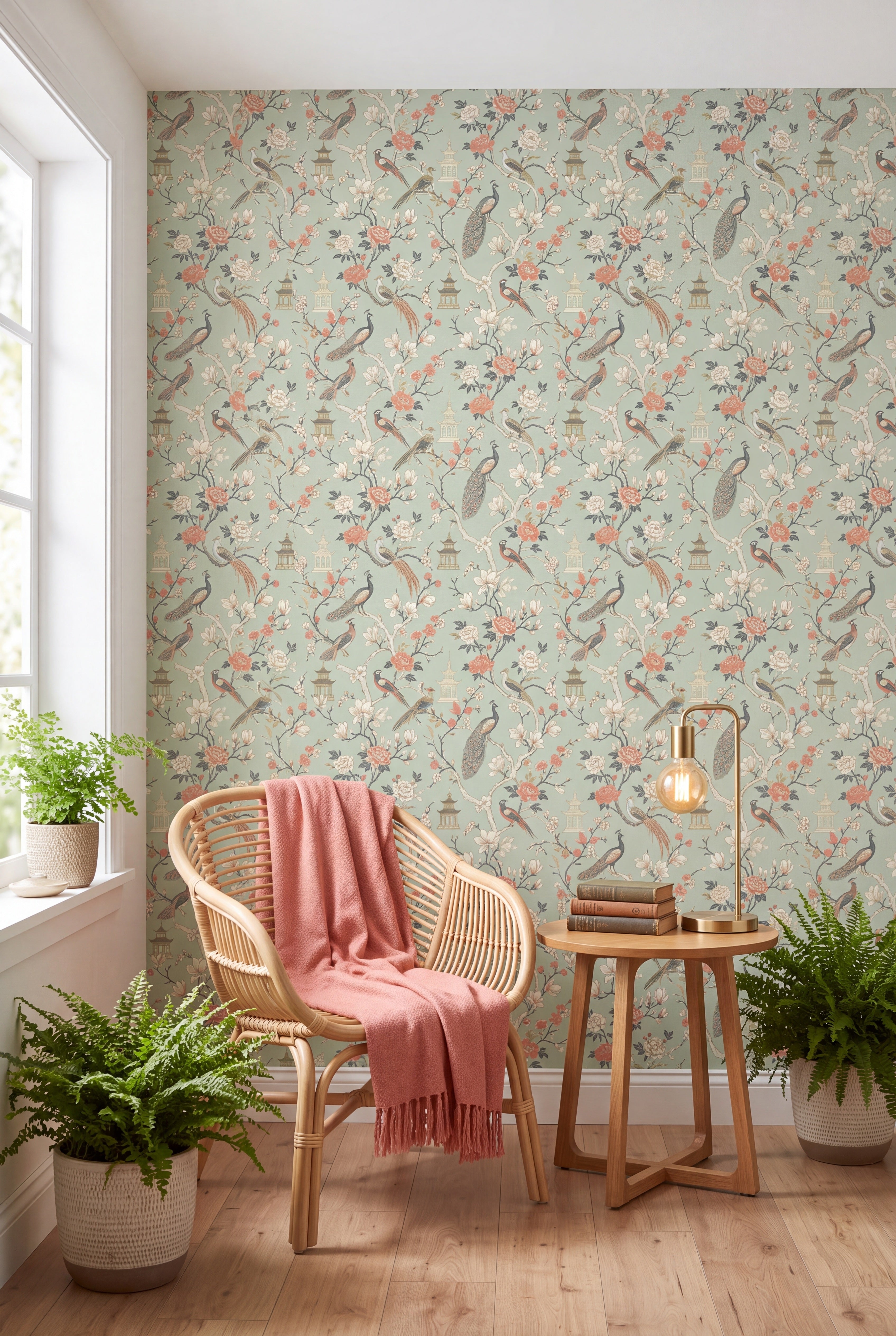 Celadon Aviary wallpaper shown in a sunroom