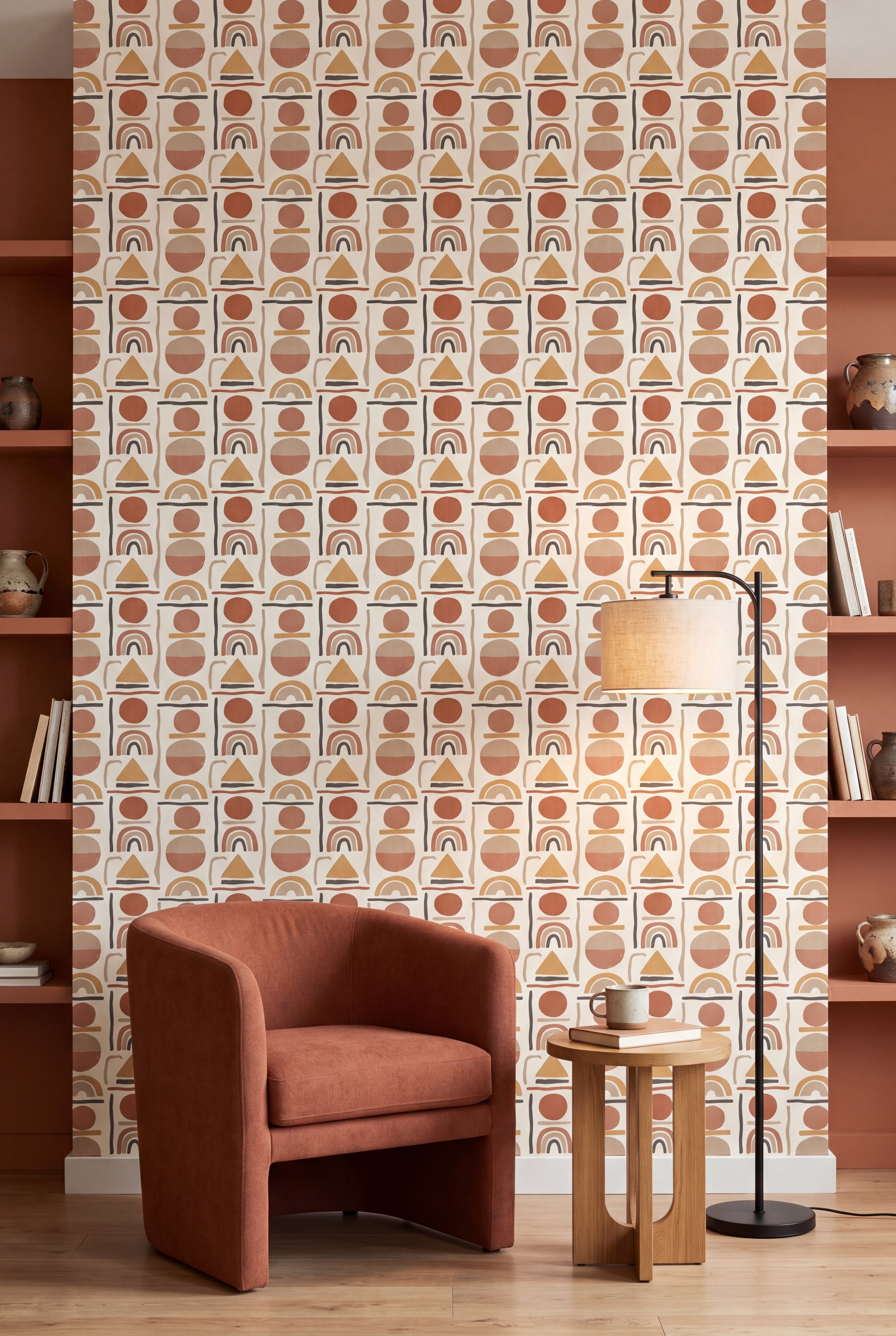 Terracotta Arch wallpaper shown in a reading nook