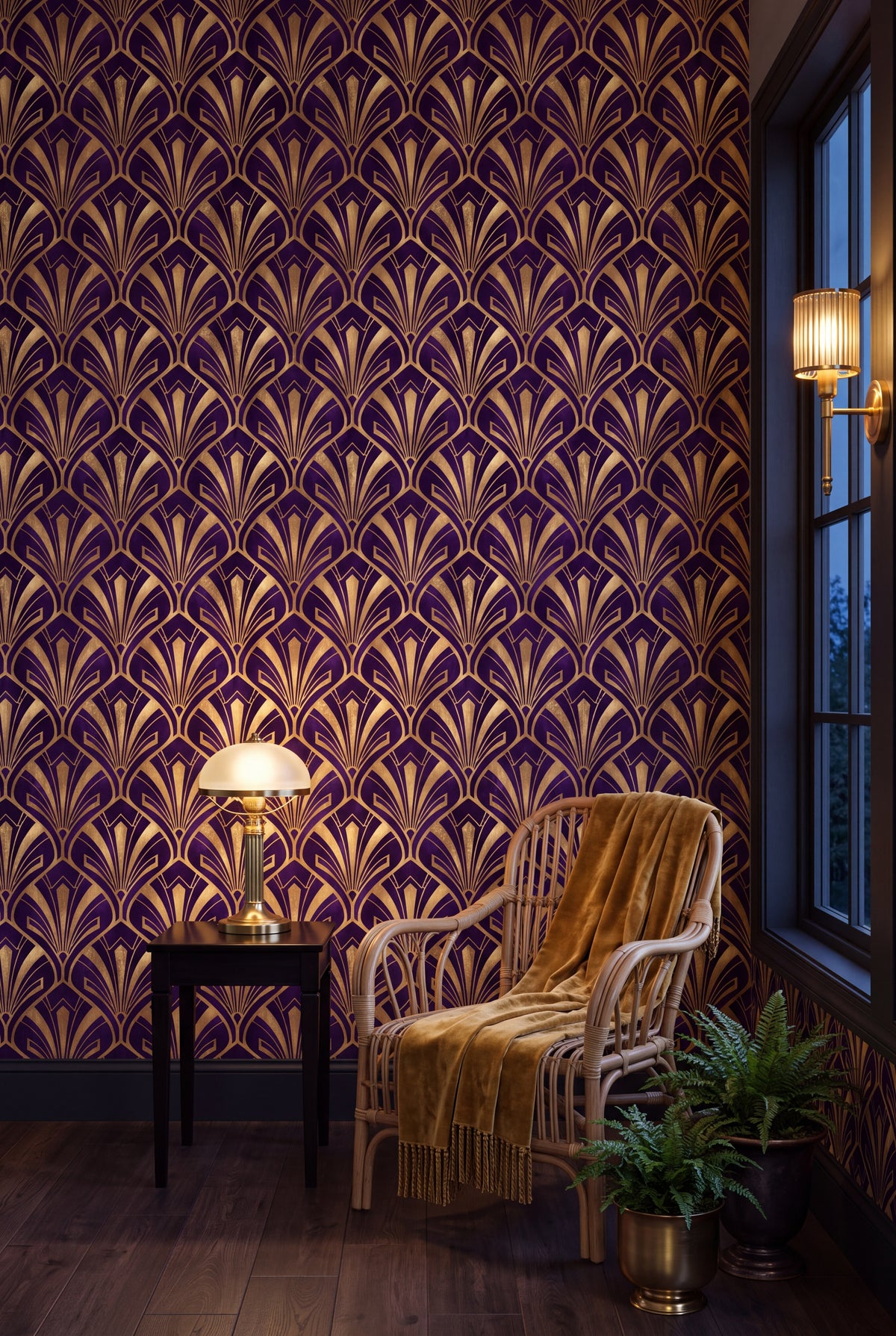 Amethyst Plume wallpaper shown in a sunroom