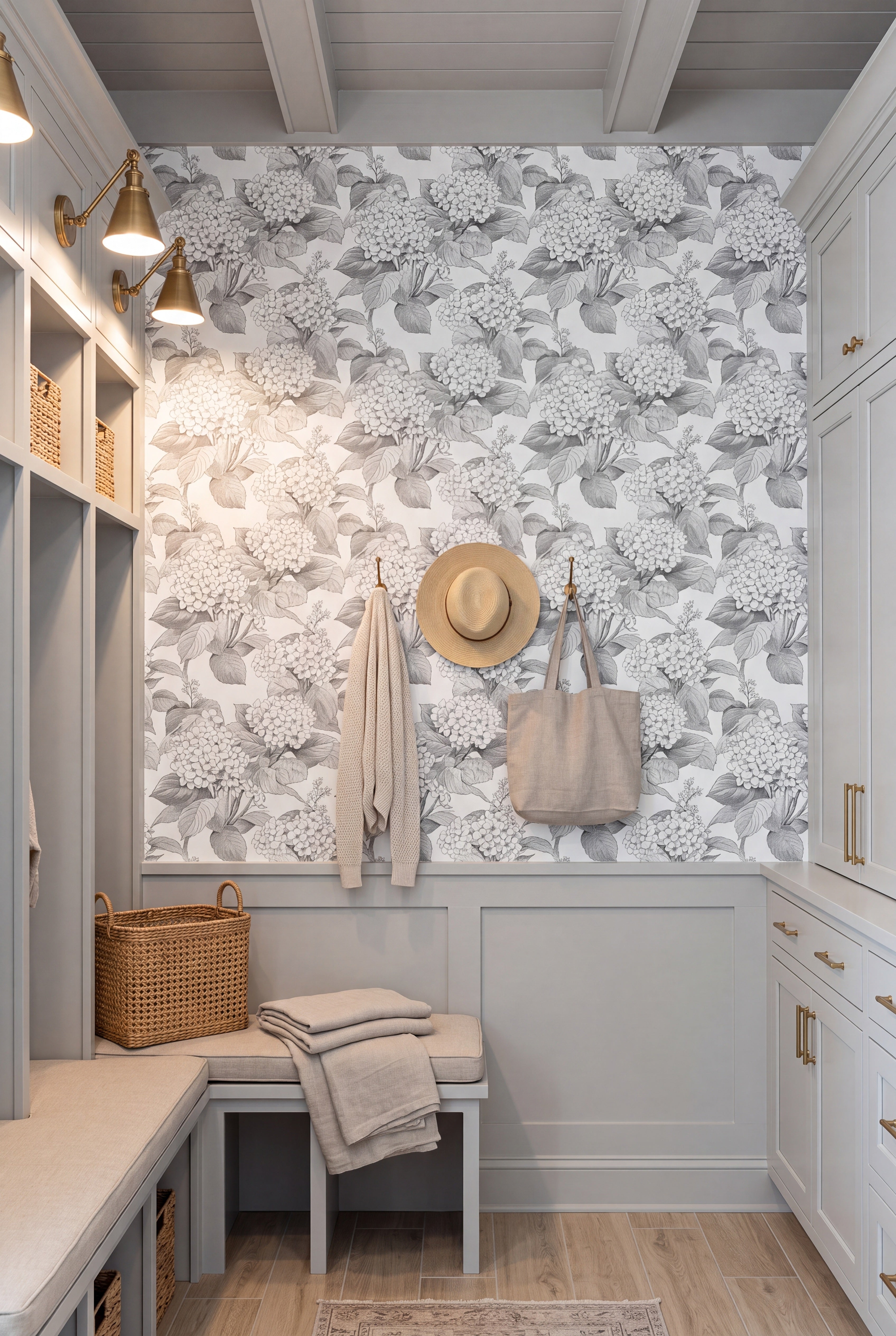 Ink Hydrangea wallpaper shown in a mudroom