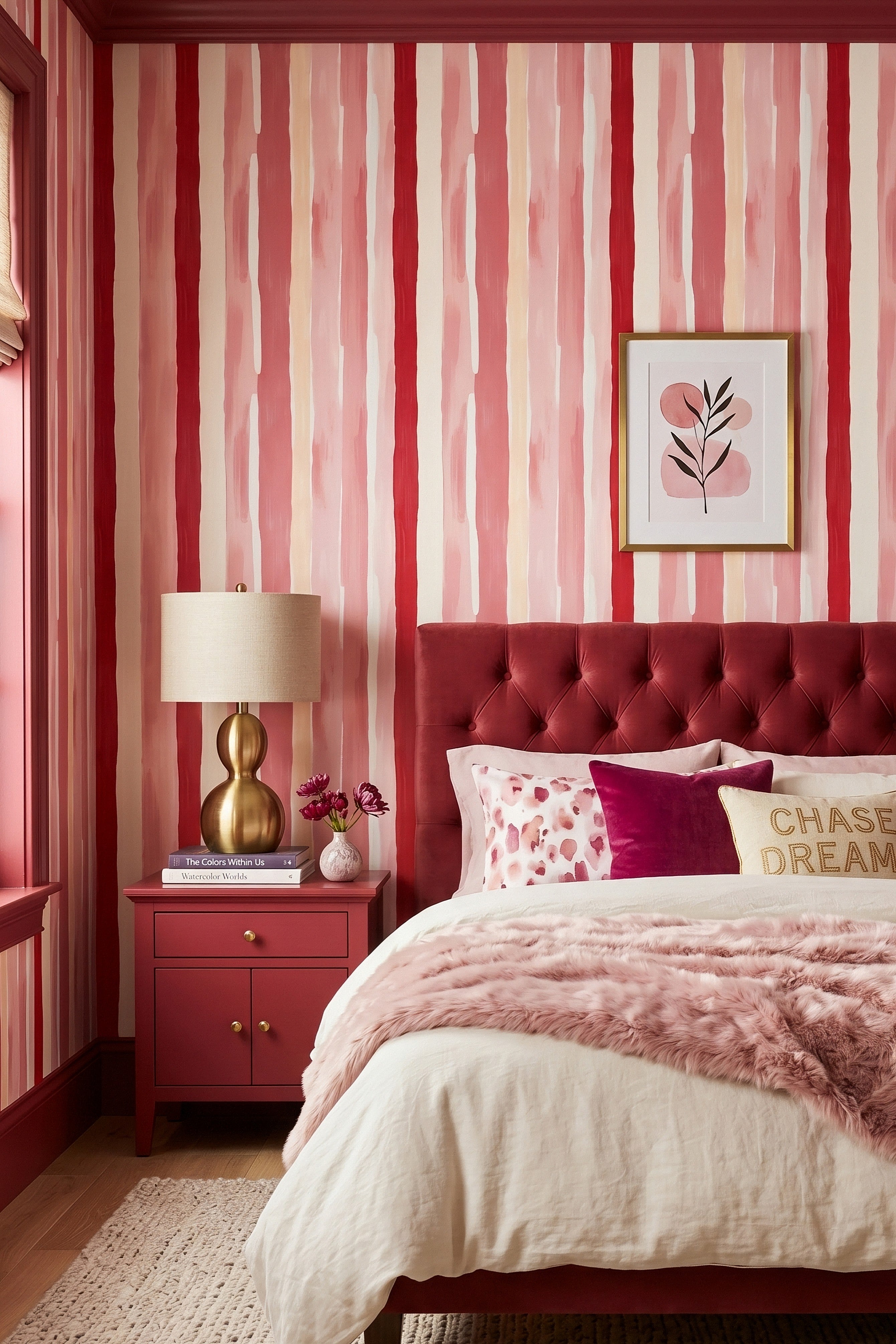 Taffy Stripe wallpaper shown in a bedroom