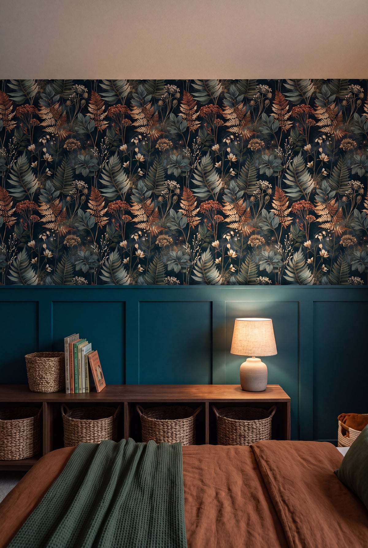 Coral Fernery wallpaper shown in a kids room