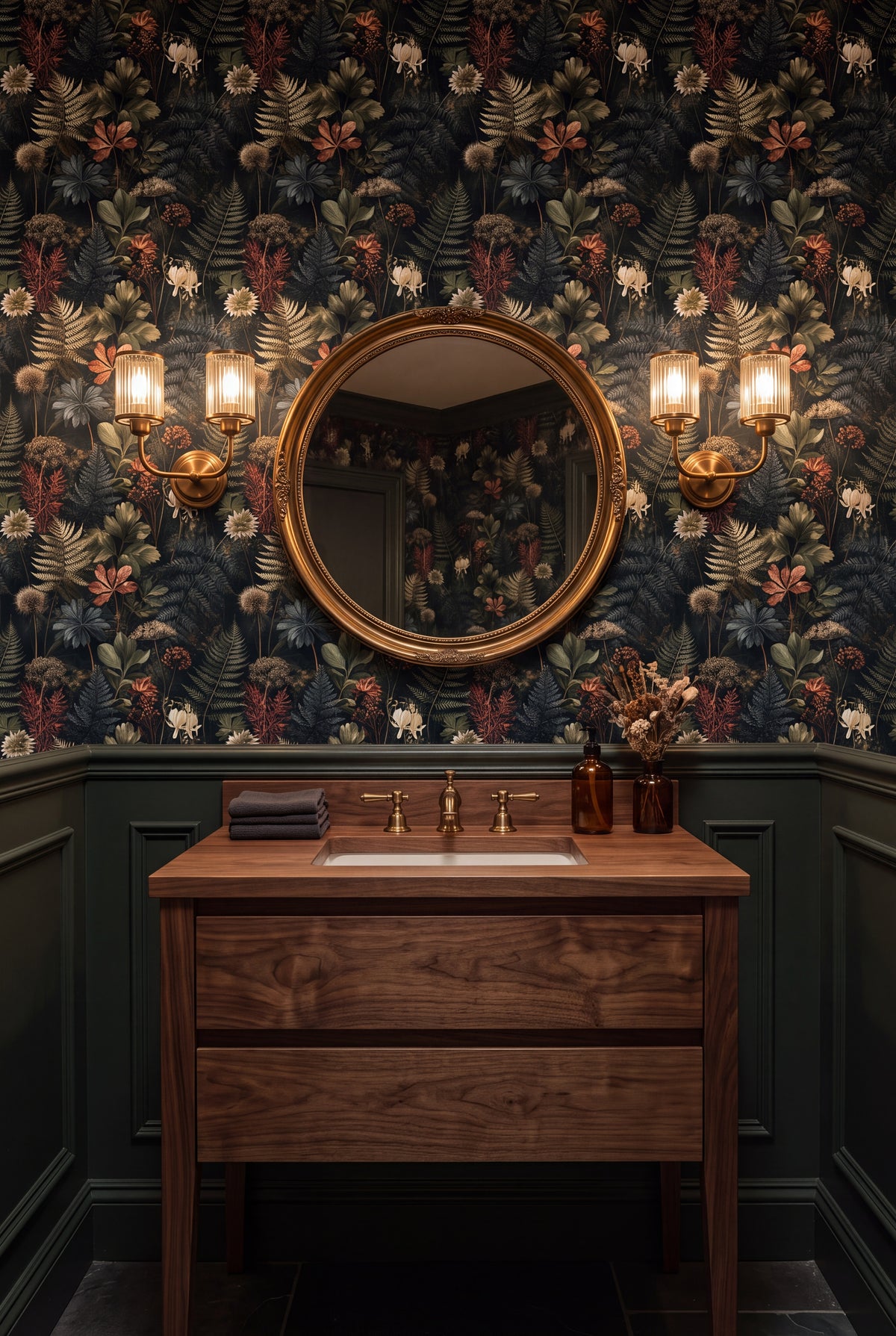 Moonlit Fernery wallpaper shown in a powder room