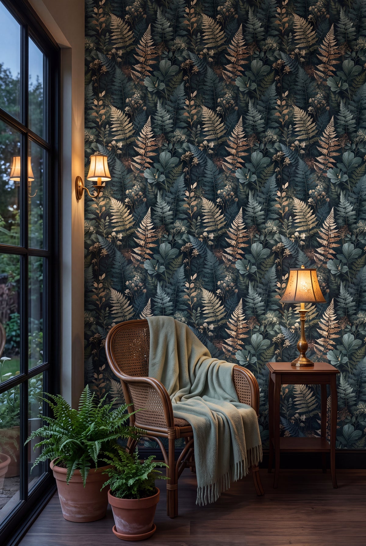 Frosted Fernery wallpaper shown in a sunroom
