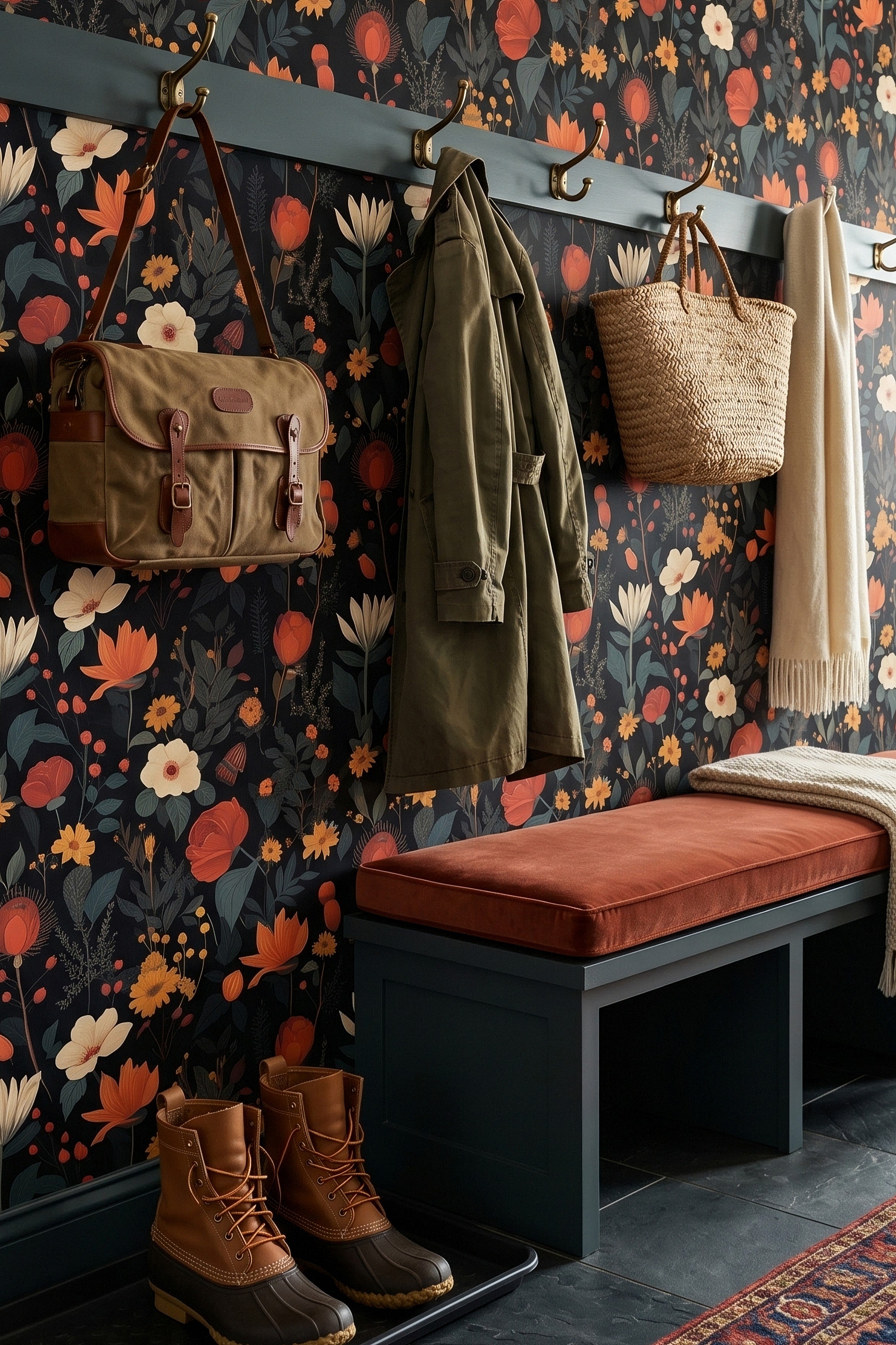 Midnight Bouquet wallpaper shown in a mudroom