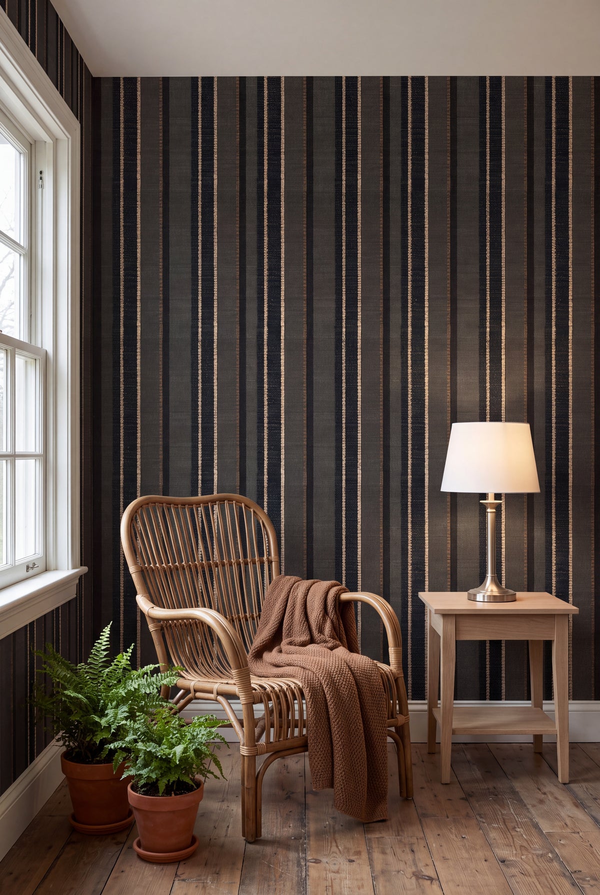 Bracken Weave wallpaper shown in a sunroom