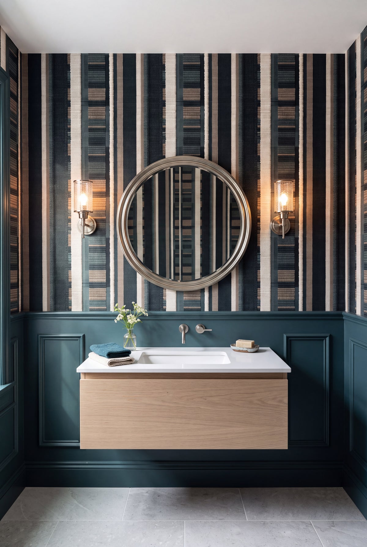 Spruce Weave wallpaper shown in a powder room