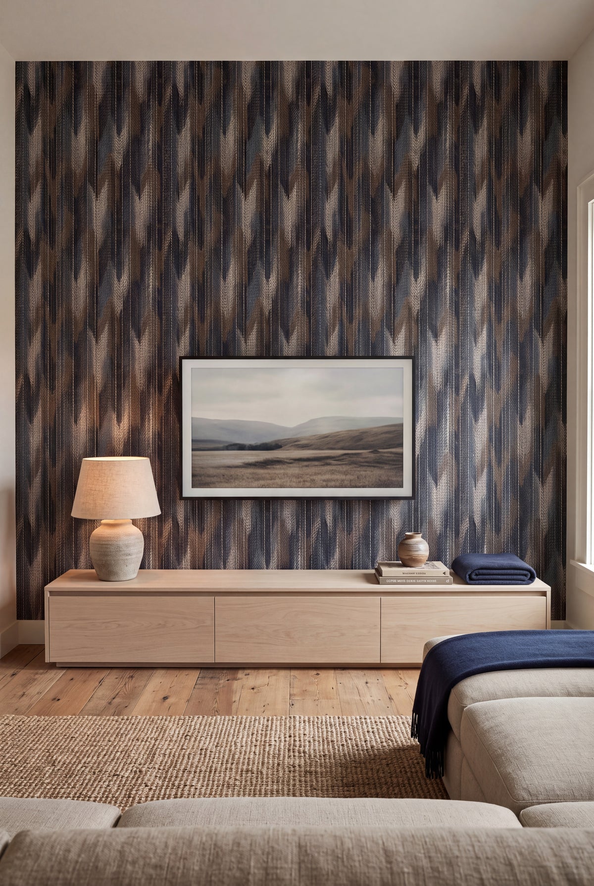 Tawny Weave wallpaper shown in a media room