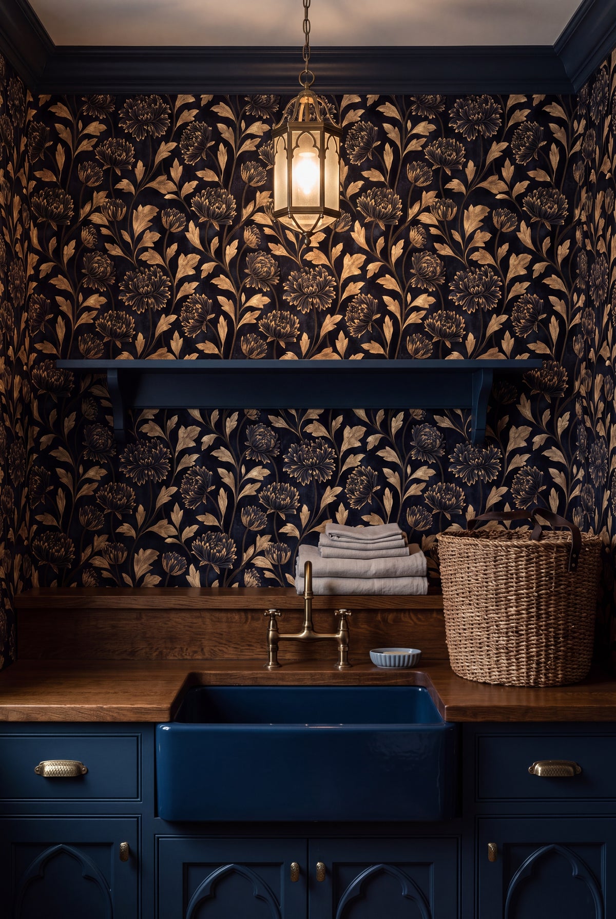 Thistle Nocturne wallpaper shown in a laundry room