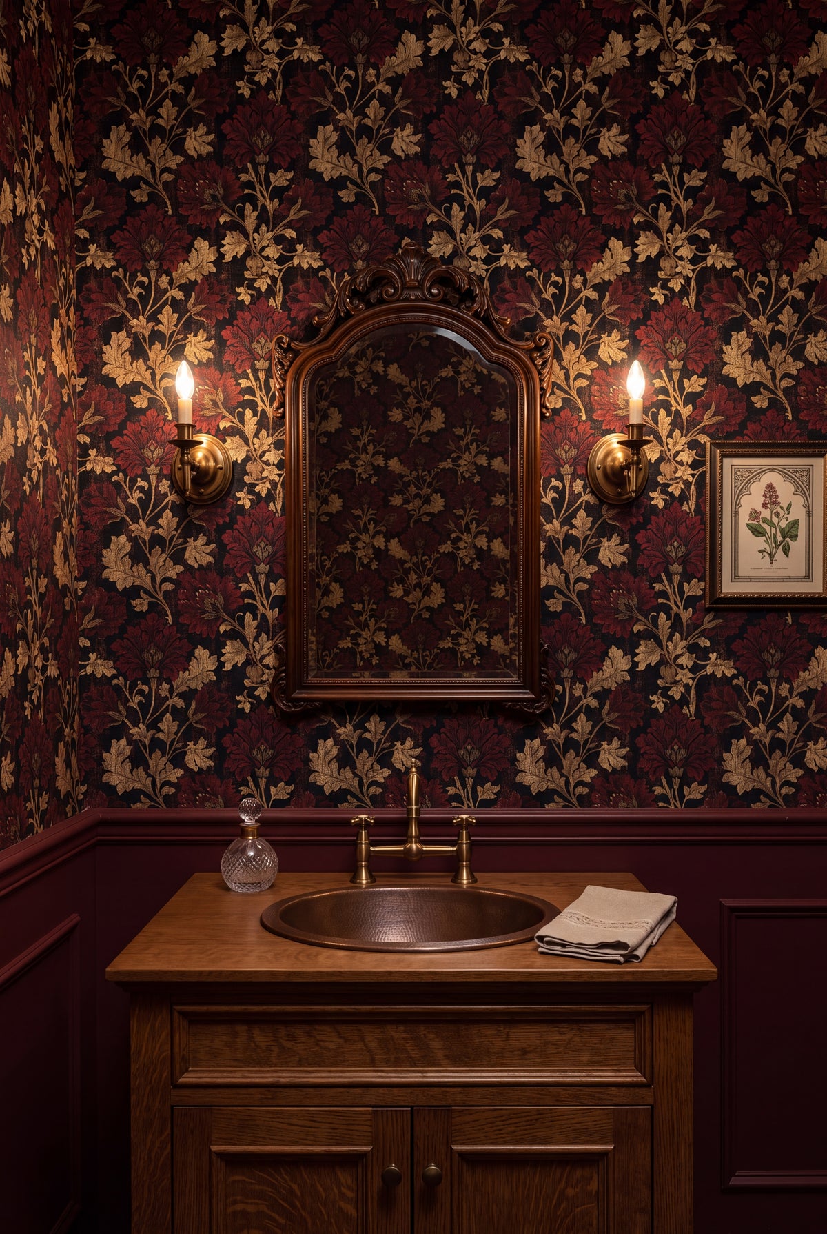 Garnet Vestry wallpaper shown in a powder room