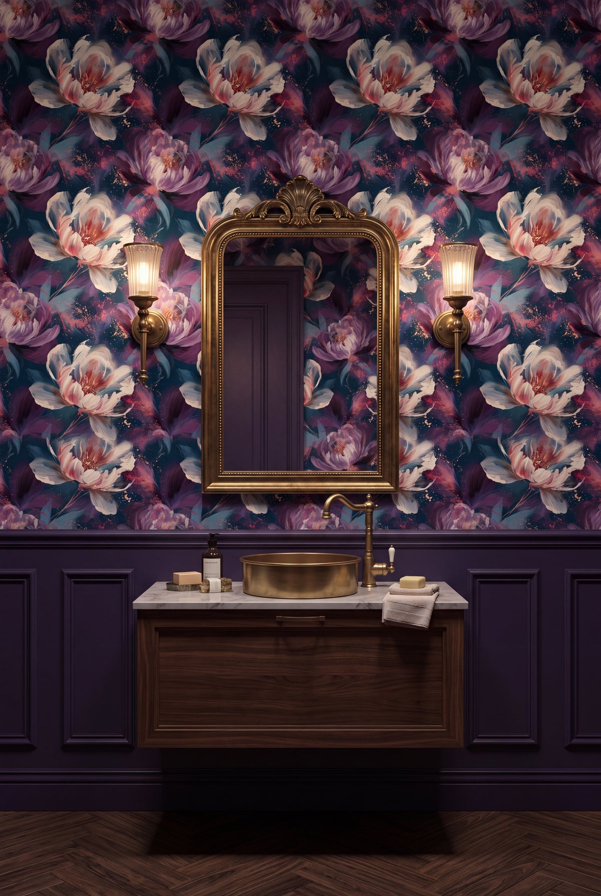 Nightfall Peony wallpaper shown in a powder room