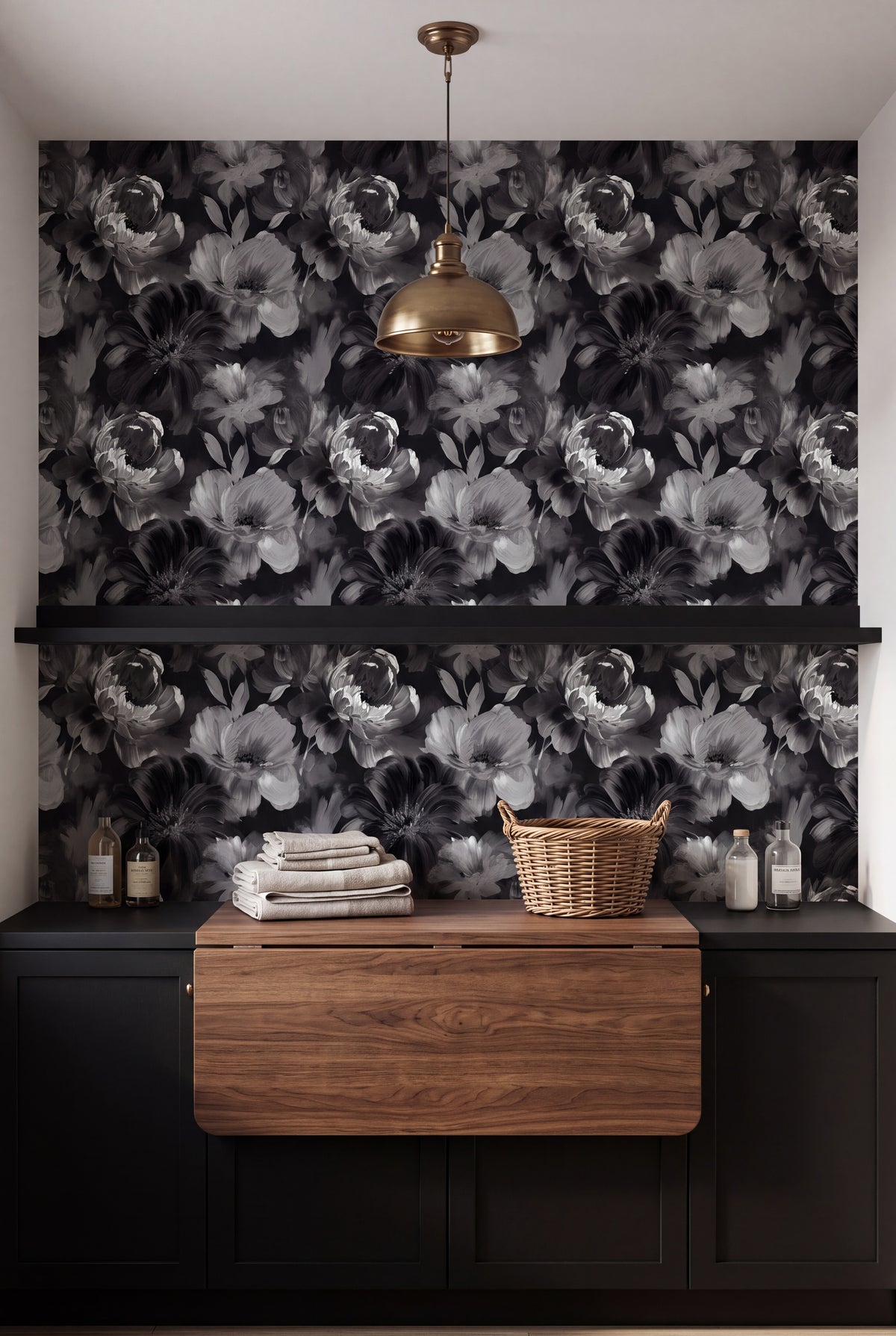 Ink Peony wallpaper shown in a laundry room