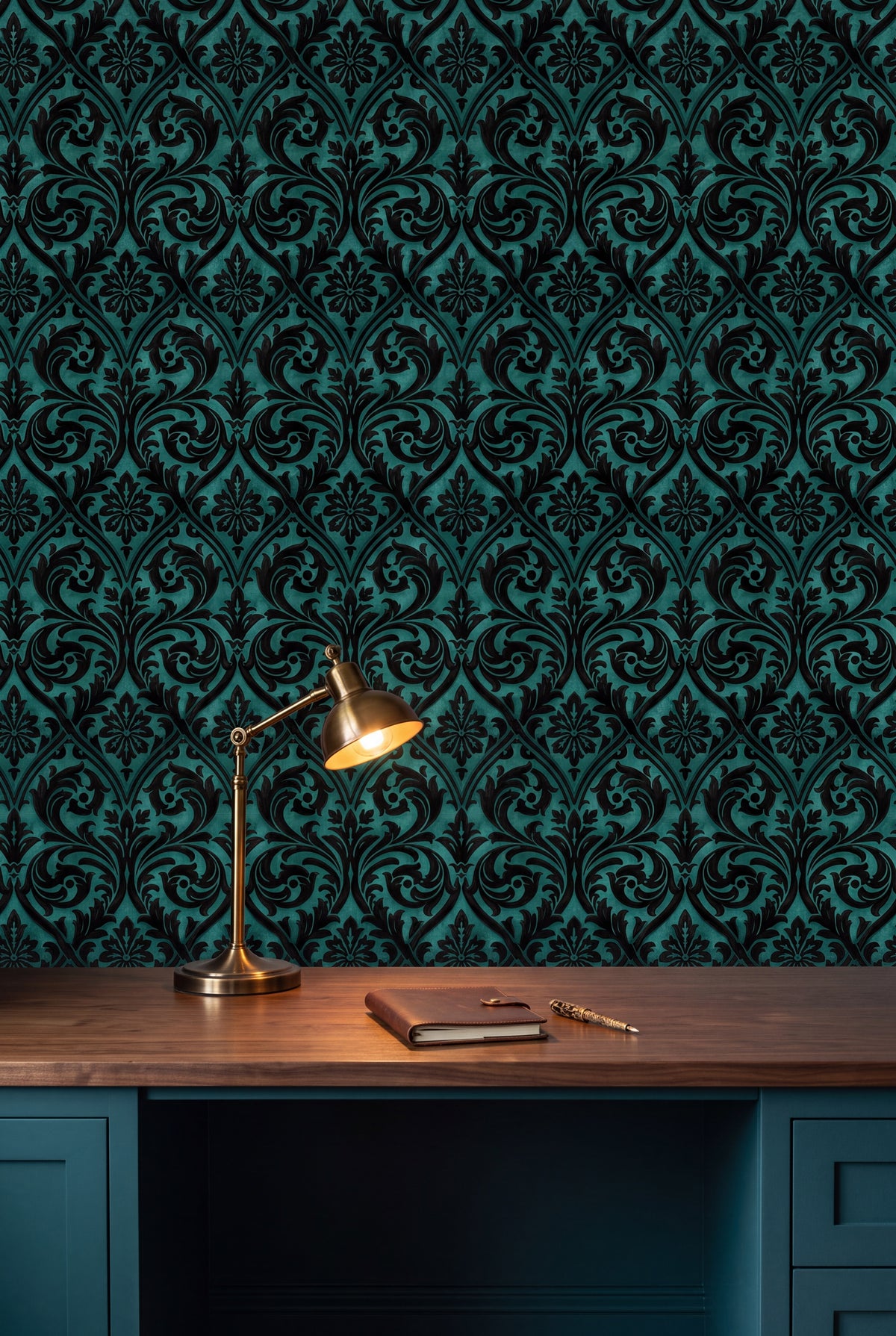 Teal Silhouette wallpaper shown in a home office